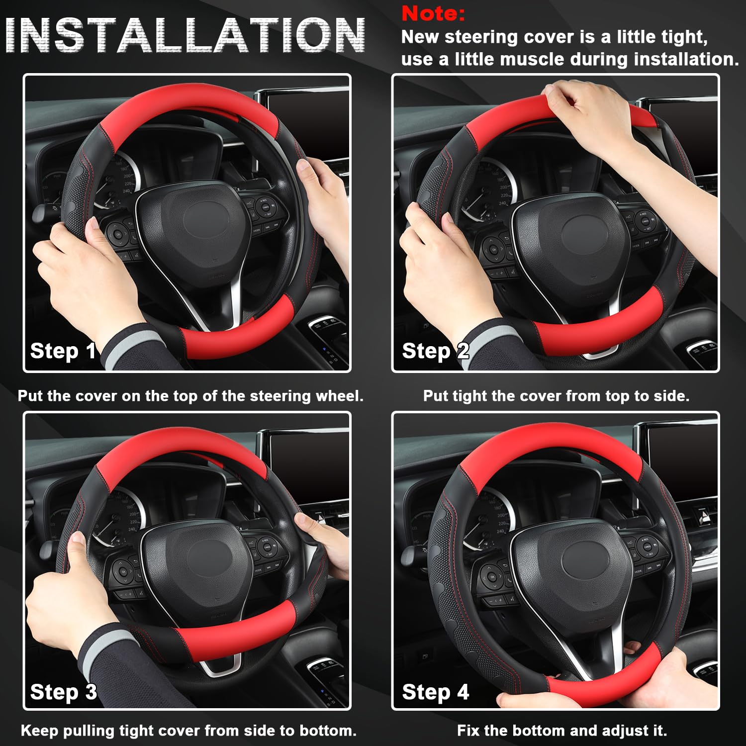 Giant Panda Car Steering Wheel Cover For Toyota Rav4,Camry,Highlander,Corolla,Prius,Tacoma,Standard Size - Black+Red