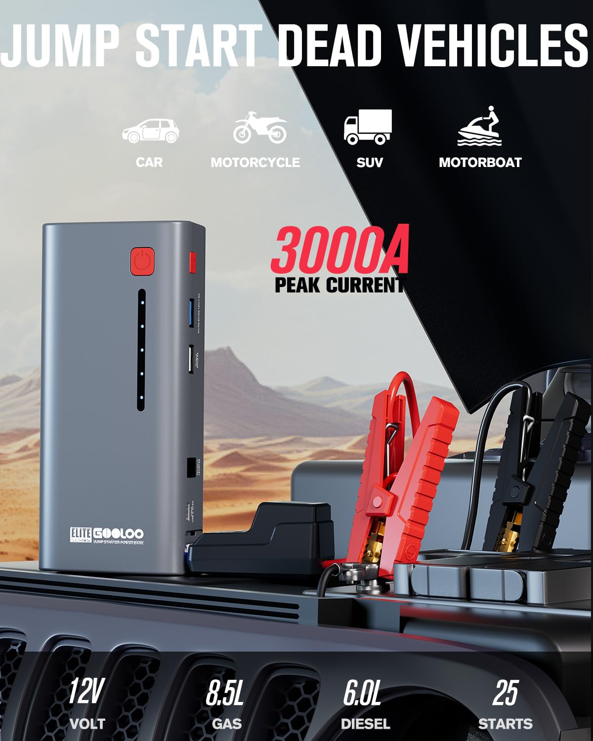 Gooloo Jump Starter Battery Pack 3000A Peak Supersafe Car Starter (Up To 8.5L Gas Or 6.0L Diesel Engine) With Usb Quick Charge A