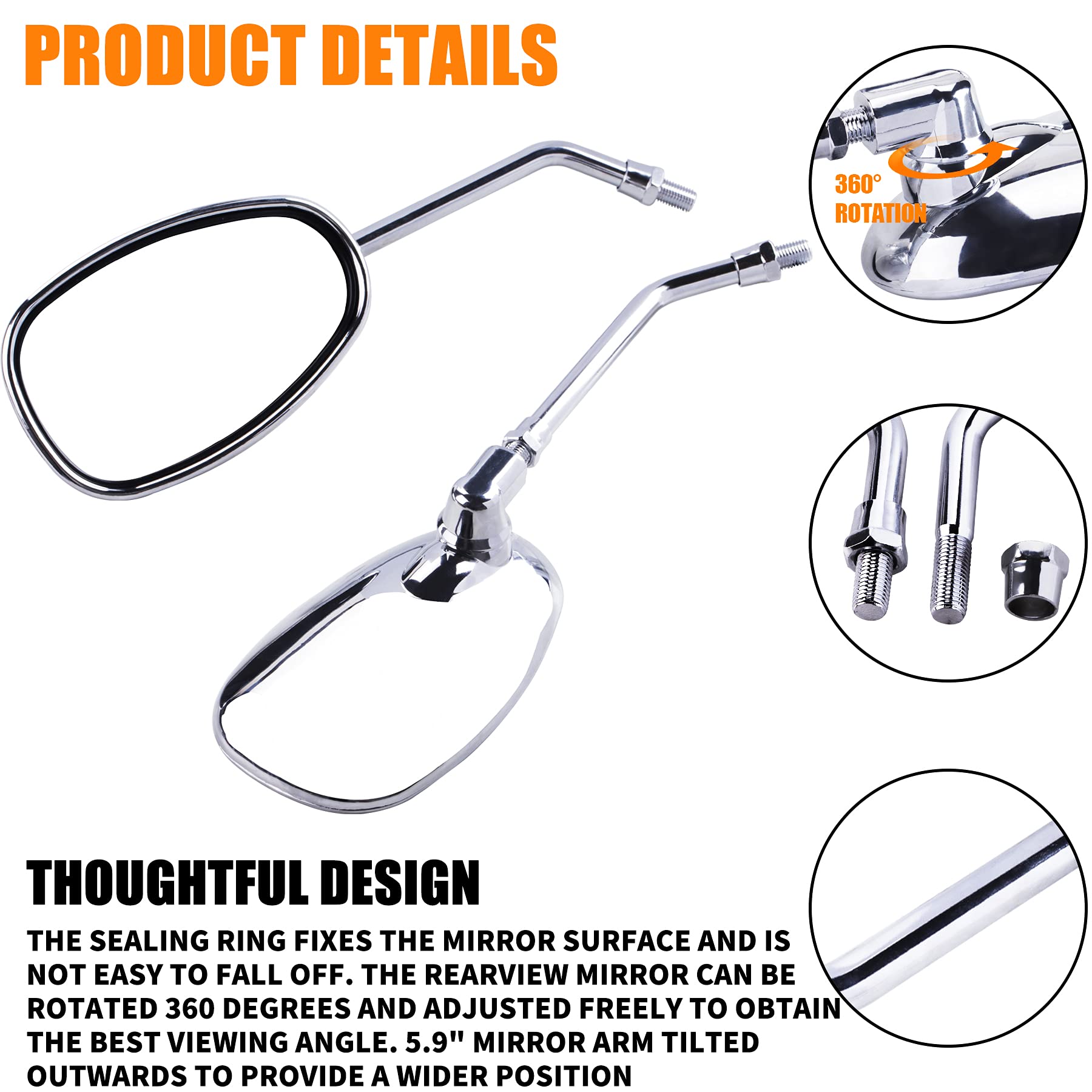 Oraevy Motorcycle Mirrors, Universal 10Mm 8Mm Chrome Motorcycle Rear View Side Mirrors Handle Bar Bar End Motorcycle Mirrors