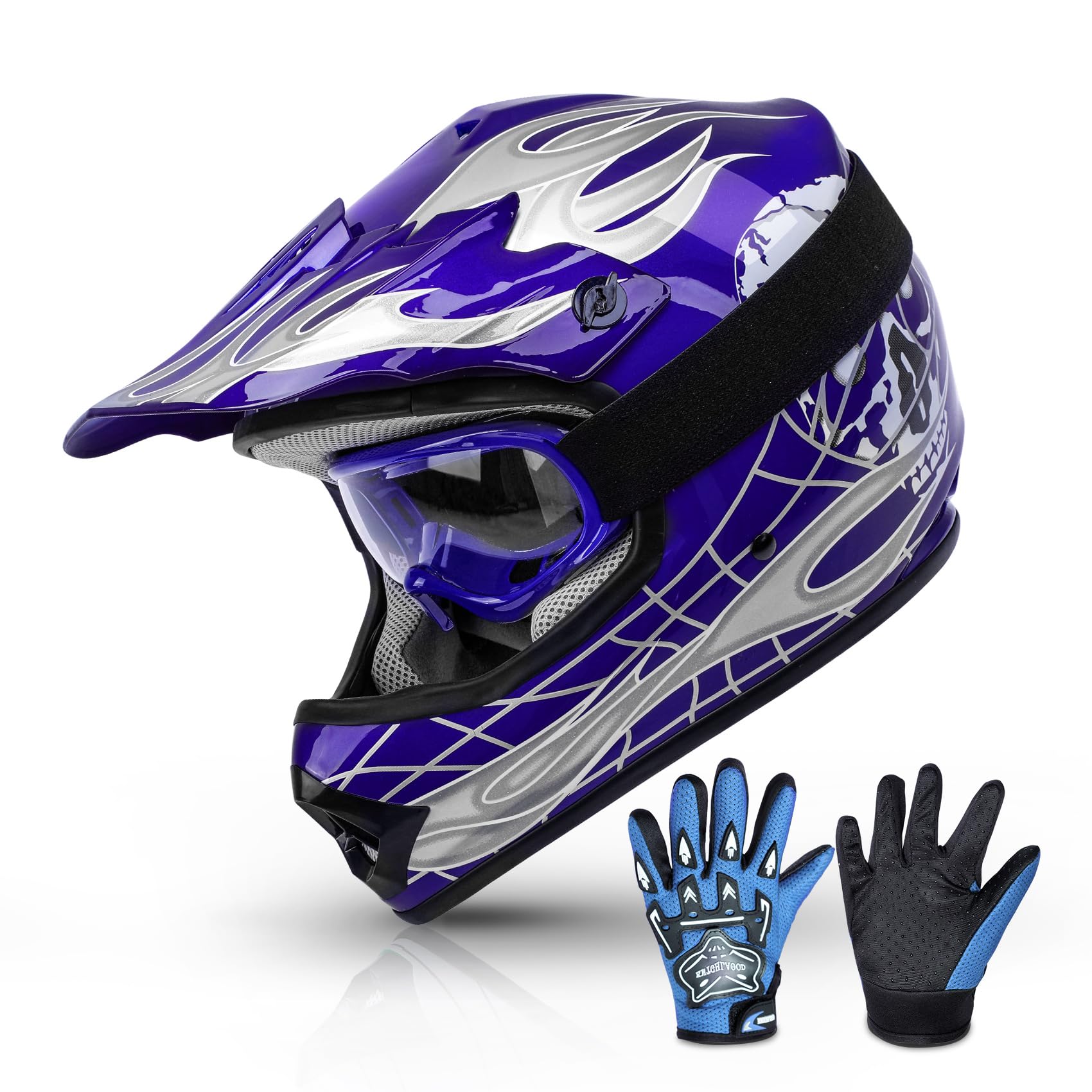 TCMT Youth X-Large Motocross Helmet Set - Blue Skull, Includes Goggles & Gloves, Durable ABS Material