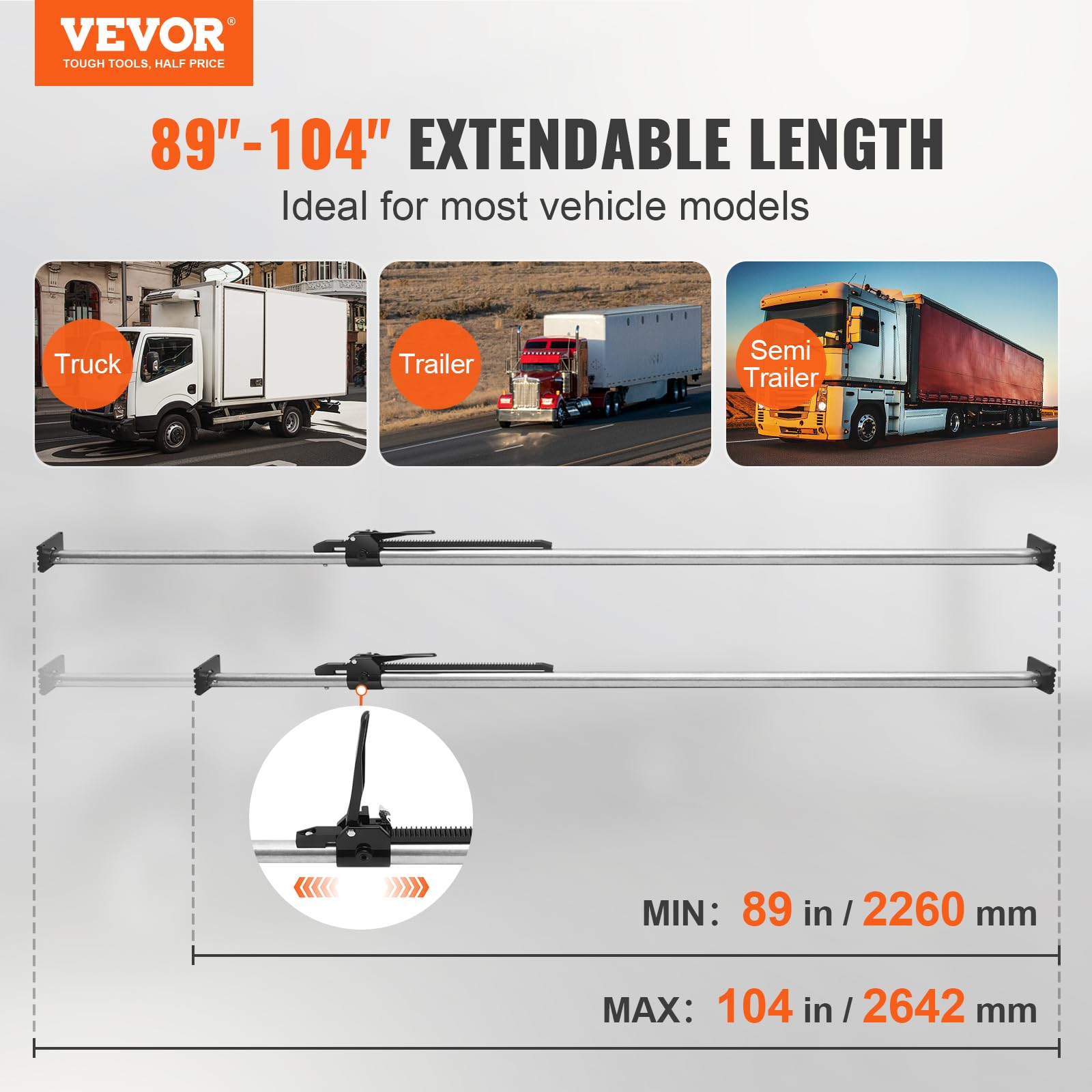 VEVOR Cargo Bar - Adjustable Ratcheting Steel Stabilizer, 89" to 104", 309 lbs Capacity, 4 Pack, Black, Model CB1203S