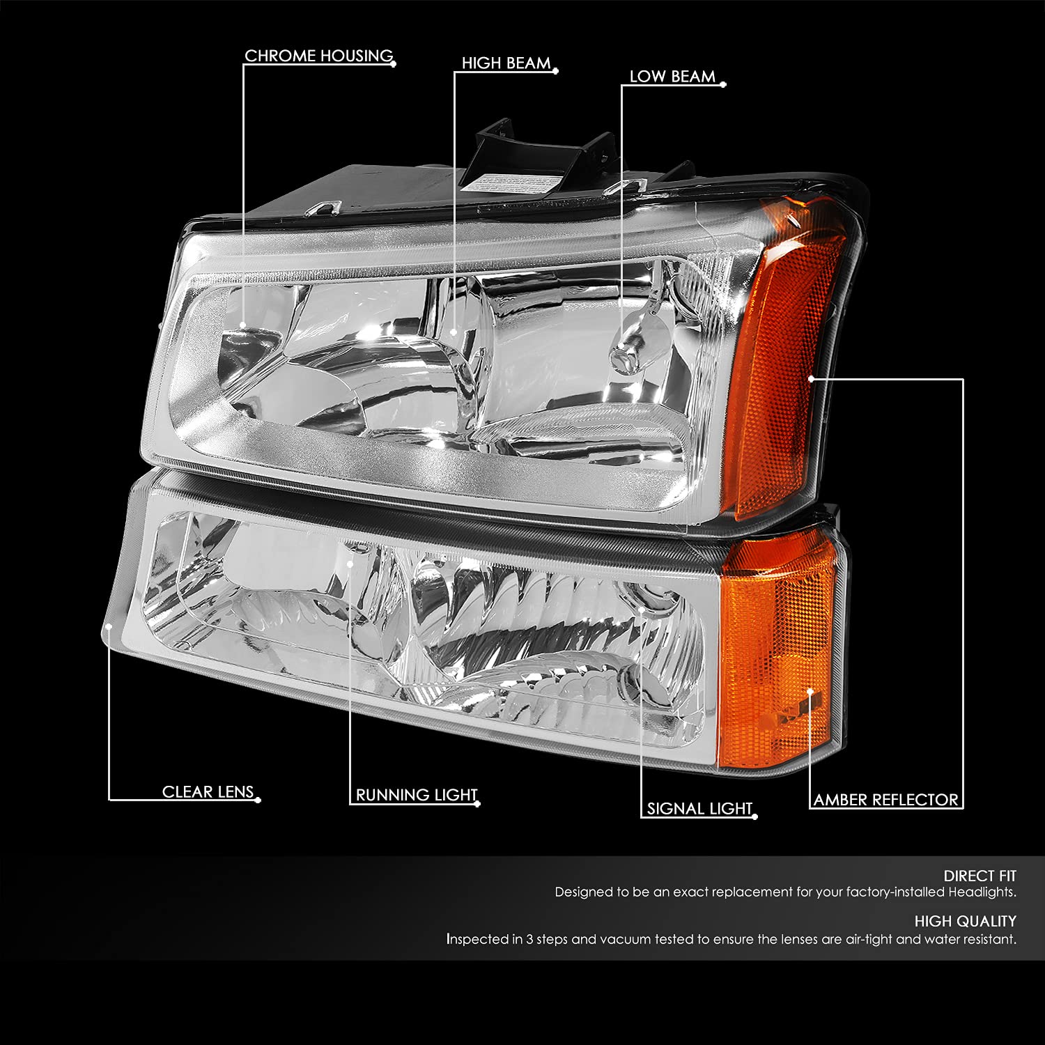 Dna Motoring Hl-Oh-Cs03-4P-Ch-Am Chrome Amber Headlights Compatible With 2003-2006 Chevy Silverado/Avalanche Fit Models Without