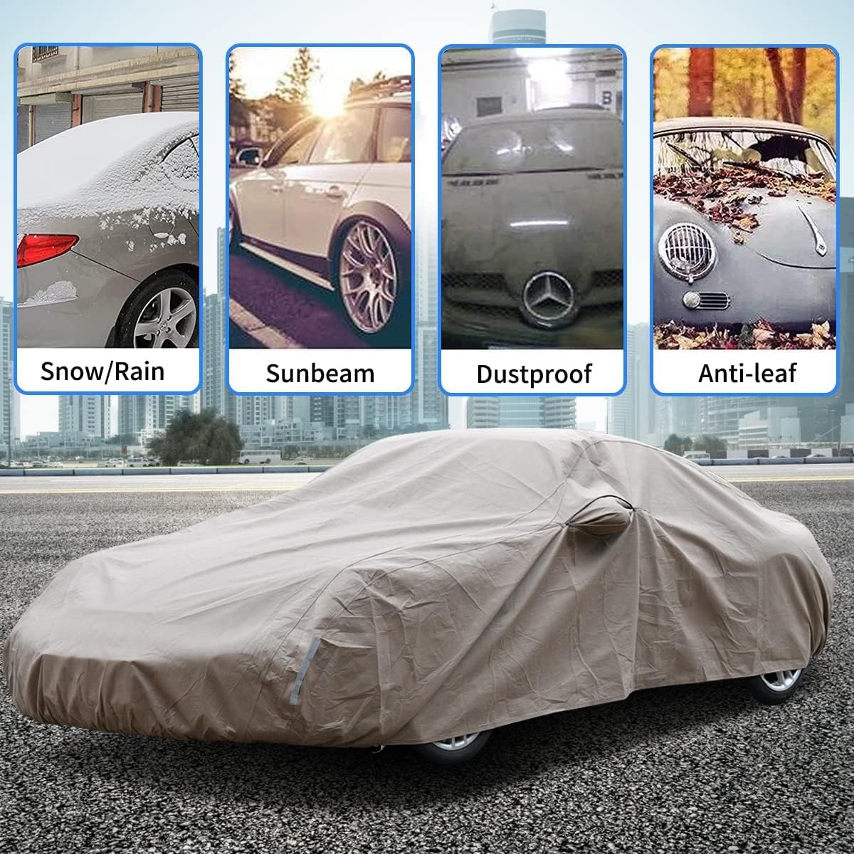 Tecoom Waterproof Car Cover - Non-Woven Breathable Full Cover for Coupes (183"-193"), Light Brown, Model TecThickShellcover