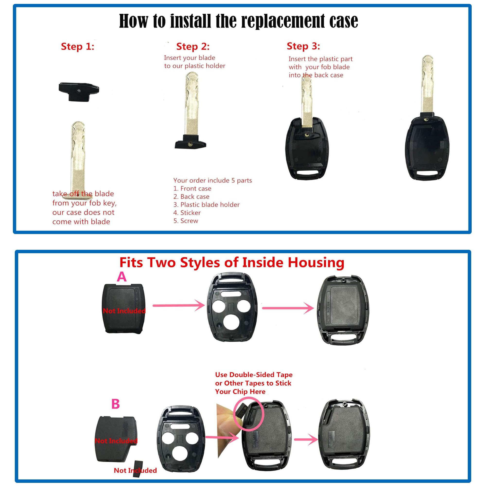4 Buttons Uncut Key Fob Cover Case fit for Honda 2003-2012 Accord 2006-2013 Civic EX 2009-2015 Pilot 2005-2006 CR-V Ridgeline Ol