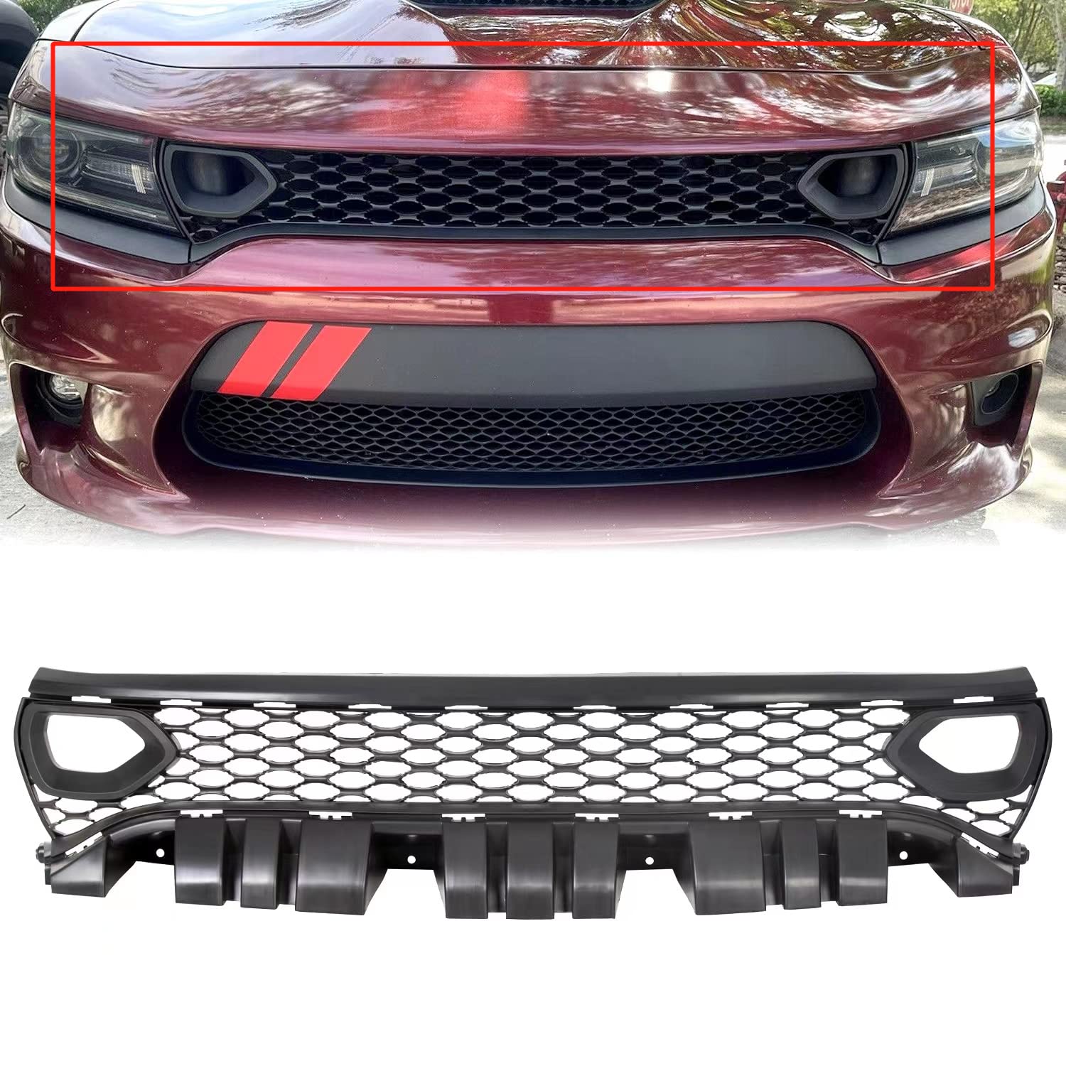 ECOTRIC Front Upper Grille Assembly Compatible With 2015-2023 Dodge Charger SRT SXT Pursuit R/T SE GT Scat Pack Daytona Replacem