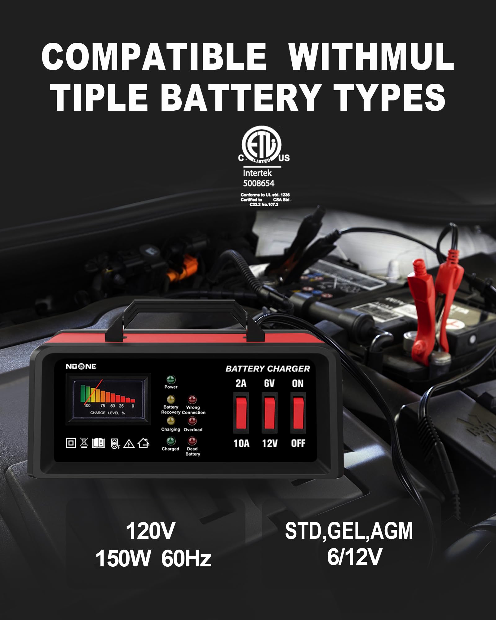 NOONE 2A/10A Car Battery Charger, 6V/12V Battery Charger Automotive, Motorcycle Trickle Charger, Desulfator Float Charger and fo