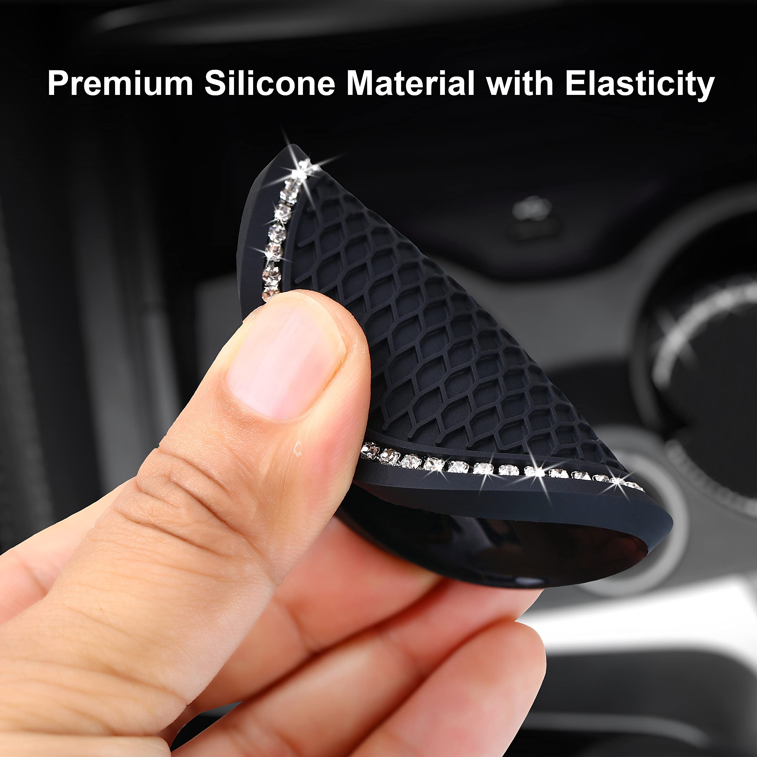 2Pcs Bling Car Cup Coaster, 2.75 Inch Auto Car Cup Holder Insert Coasters Silicone Anti-Slip Crystal Rhinestone Drink Car Cup Mat, Universal Vehicle Interior Accessories For Women Girls (Black)
