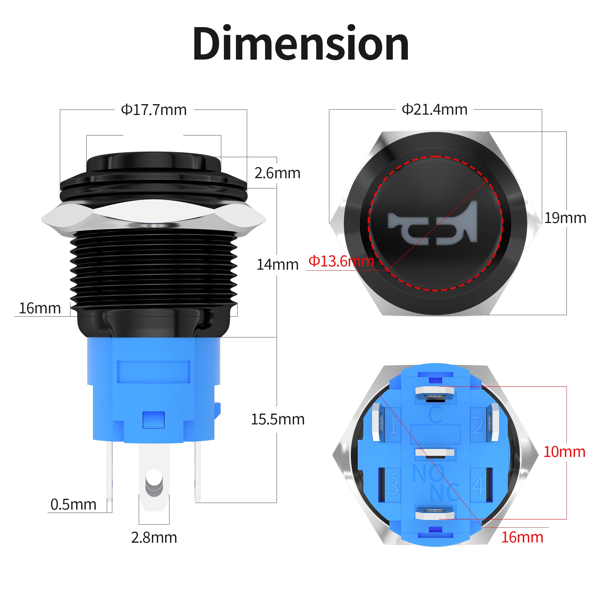 DaierTek Horn Switch 12V 16MM Marine Horn Switch Red LED Lighted Horn Button Switch momentary 12 Volt Speaker Stainless Steel Wa