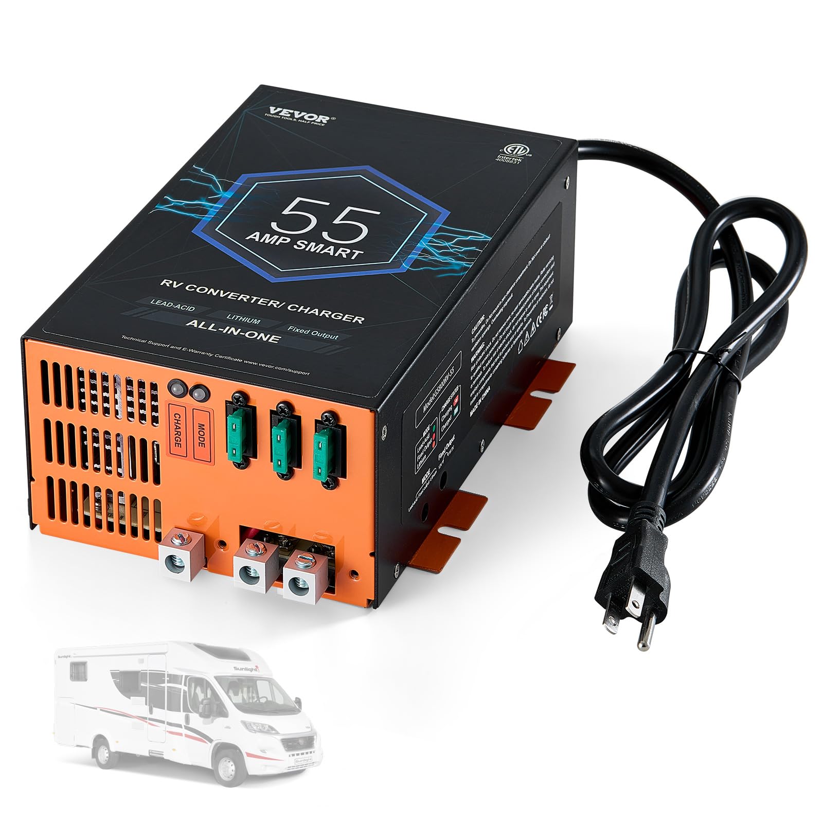 VEVOR RV Converter, 55 Amp, 110V AC to 12V DC RV Power Converter Battery Charger with 4 Stage Smart Charging 13V to 16.5V Adjust