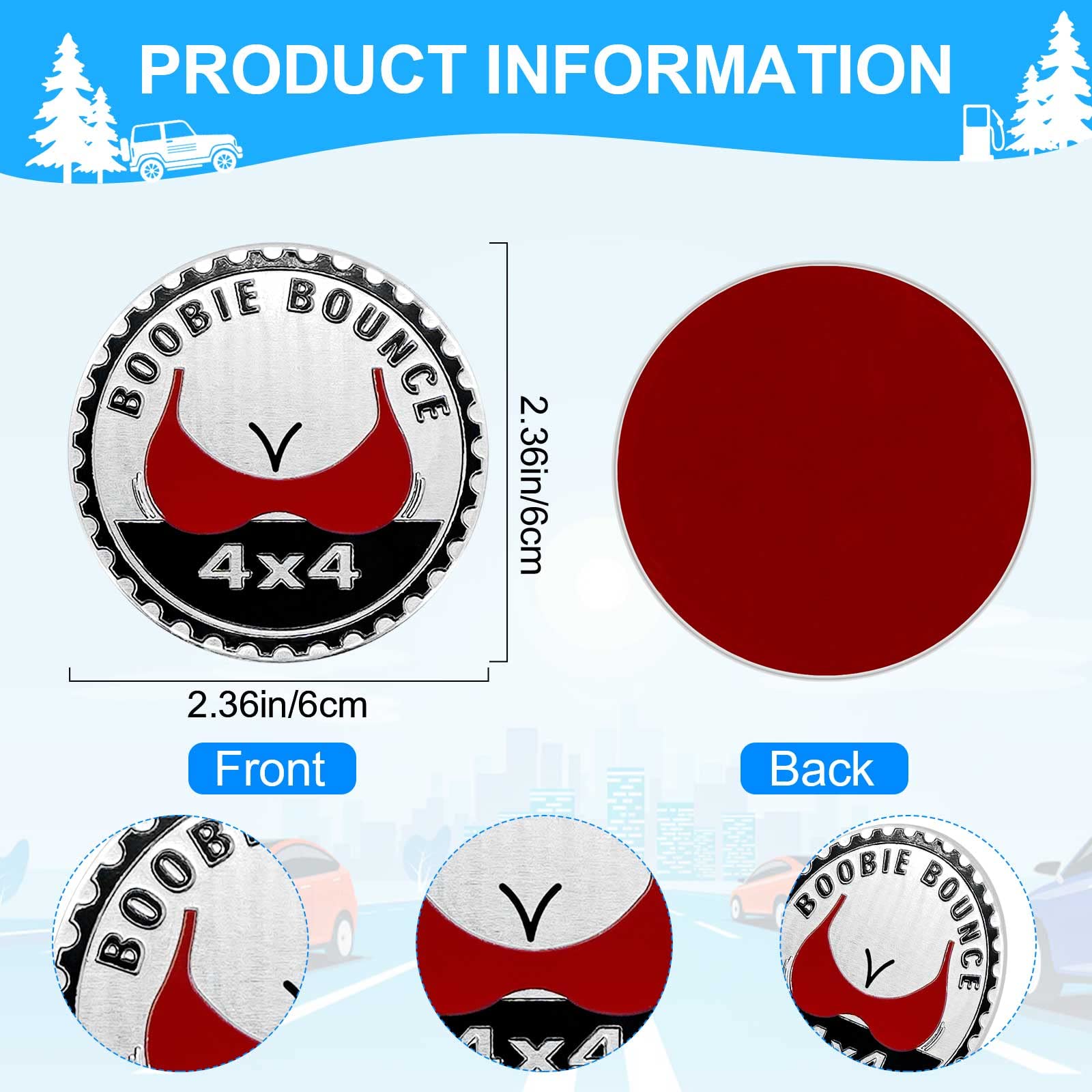 Gowxs 3D Metal Car Badge - Booble Bounce Zinc Emblem for Jeep Wrangler, Trucks, SUVs, 4 x 4 Round Decal