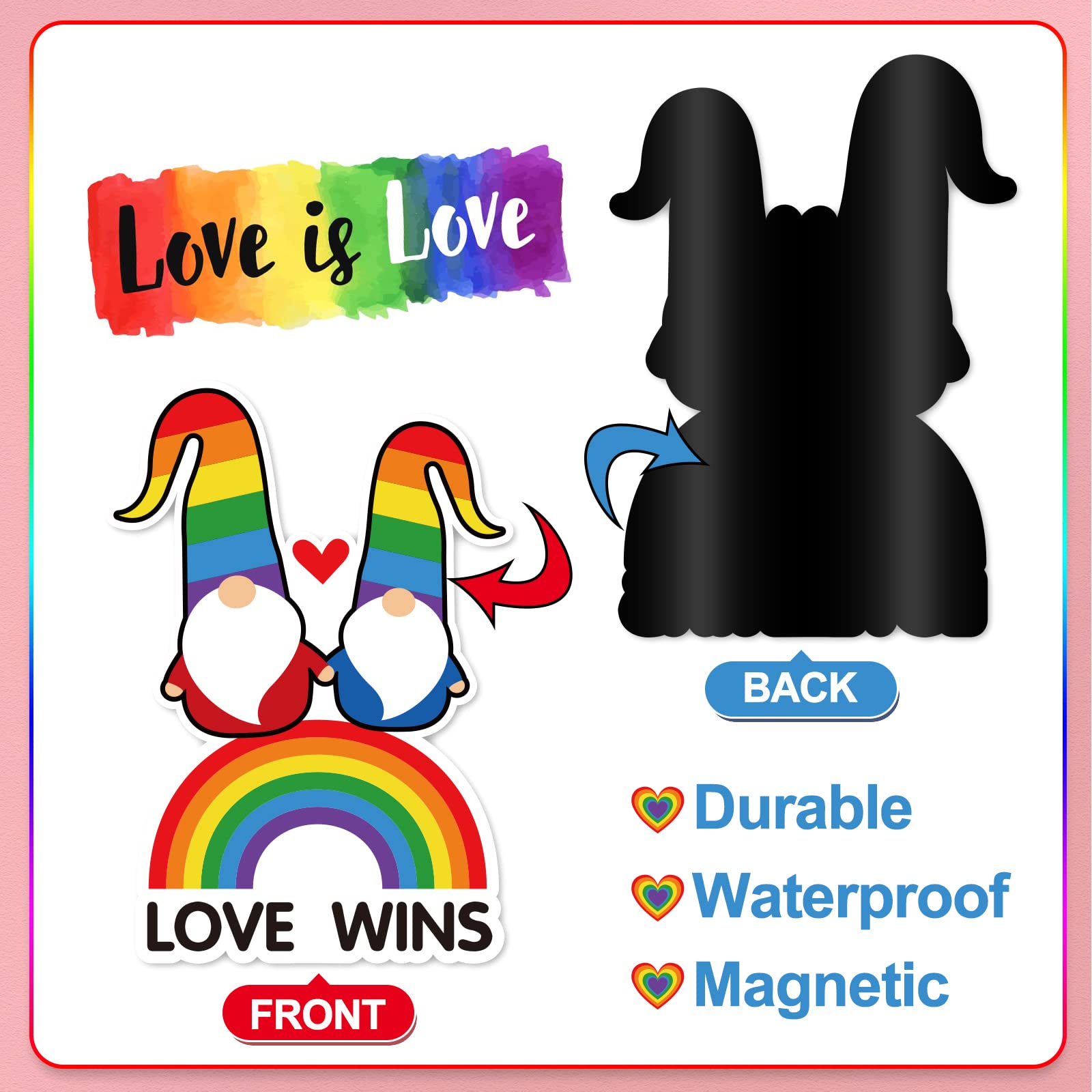Whaline 12Pcs Rainbow Magnetic Stickers Love Is Love Car Magnet Bumper Sticker Gay Pride Gnome Love Wins Heart Fridge Magnet Dec