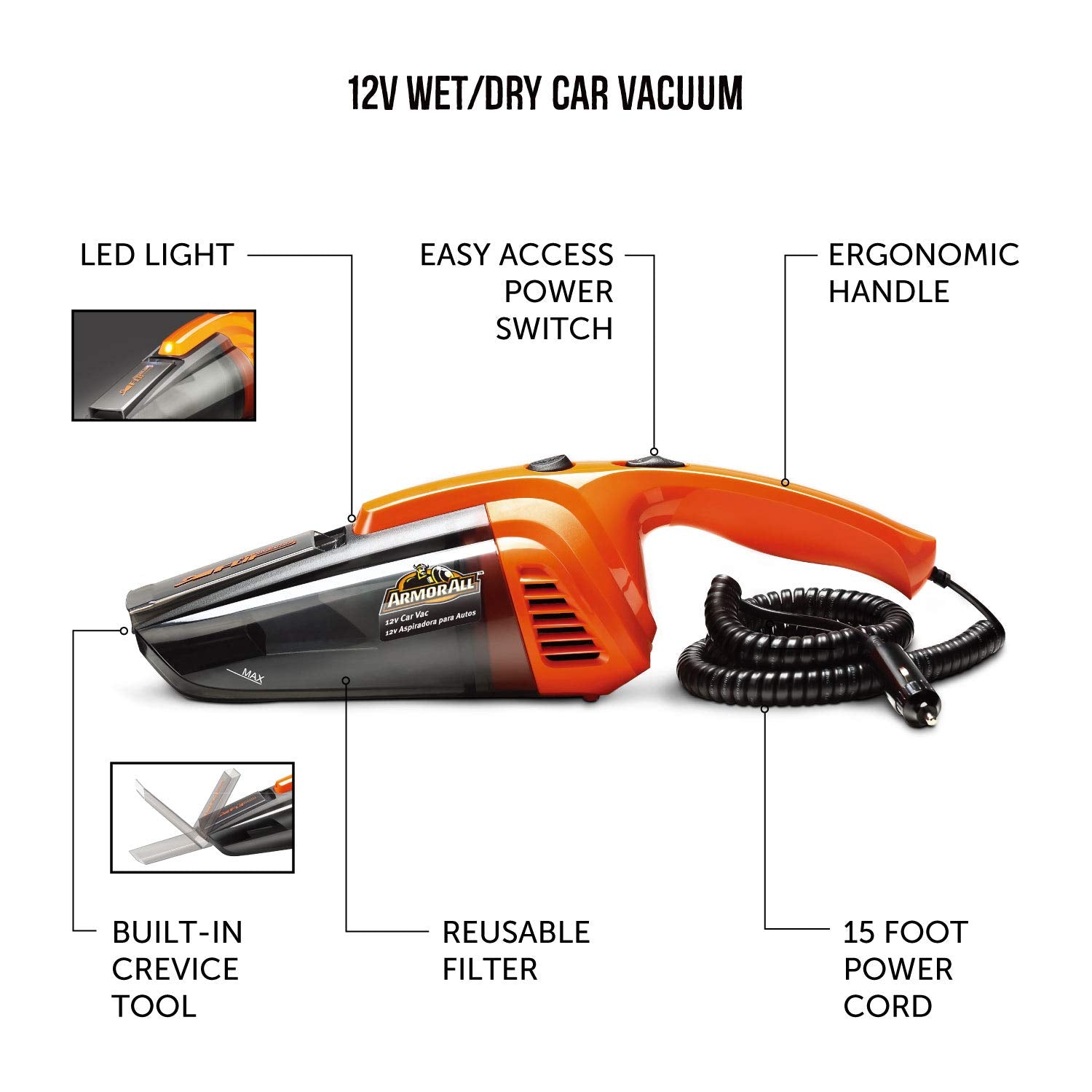 Armor All 12V Car Wet/Dry Shop Vacuum - Model AA12V10901, Orange