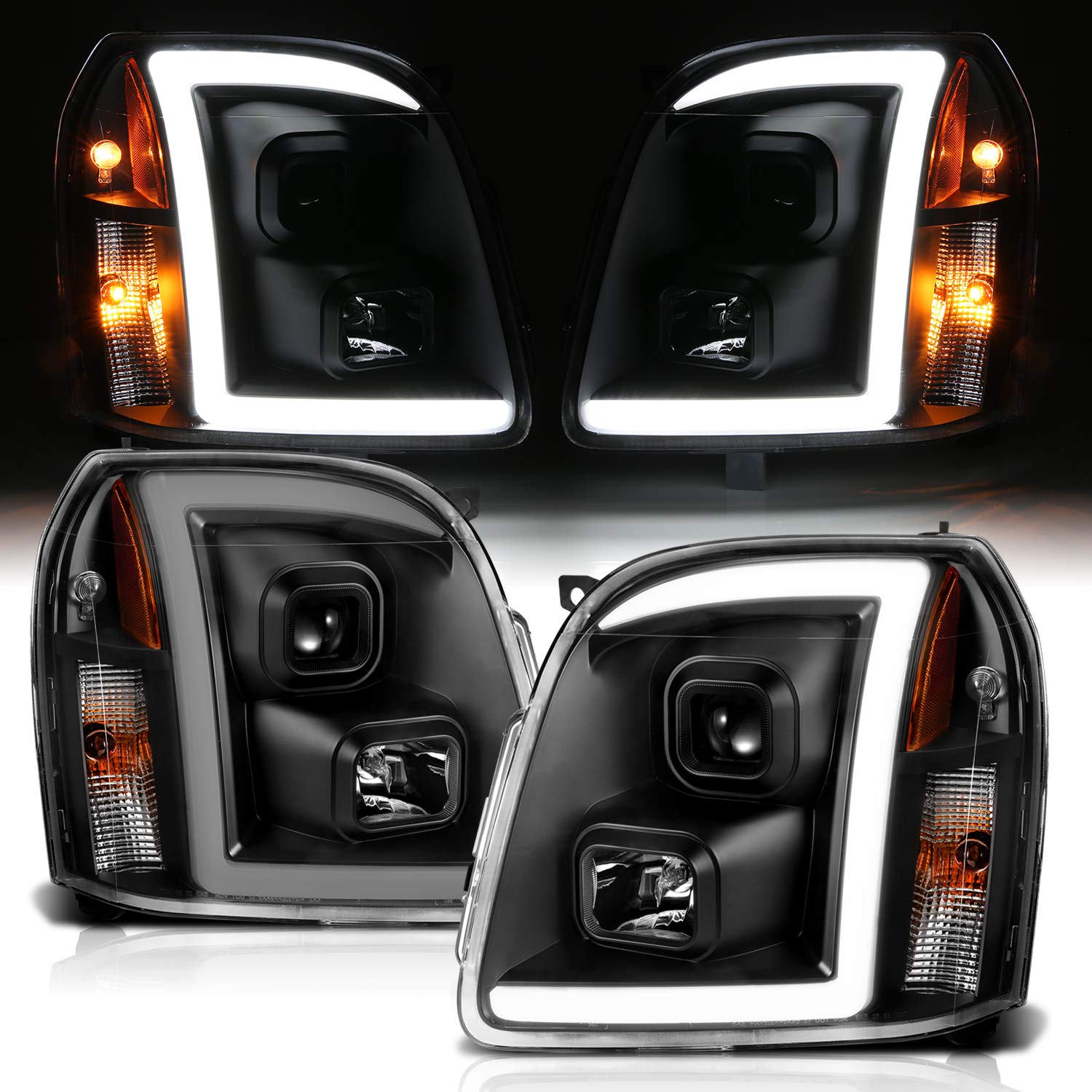 AmeriLite LED Bar Projector Headlights Set for 2007-2014 GMC Yukon/Yukon XL/Denali - Black, Driver + Passenger Side