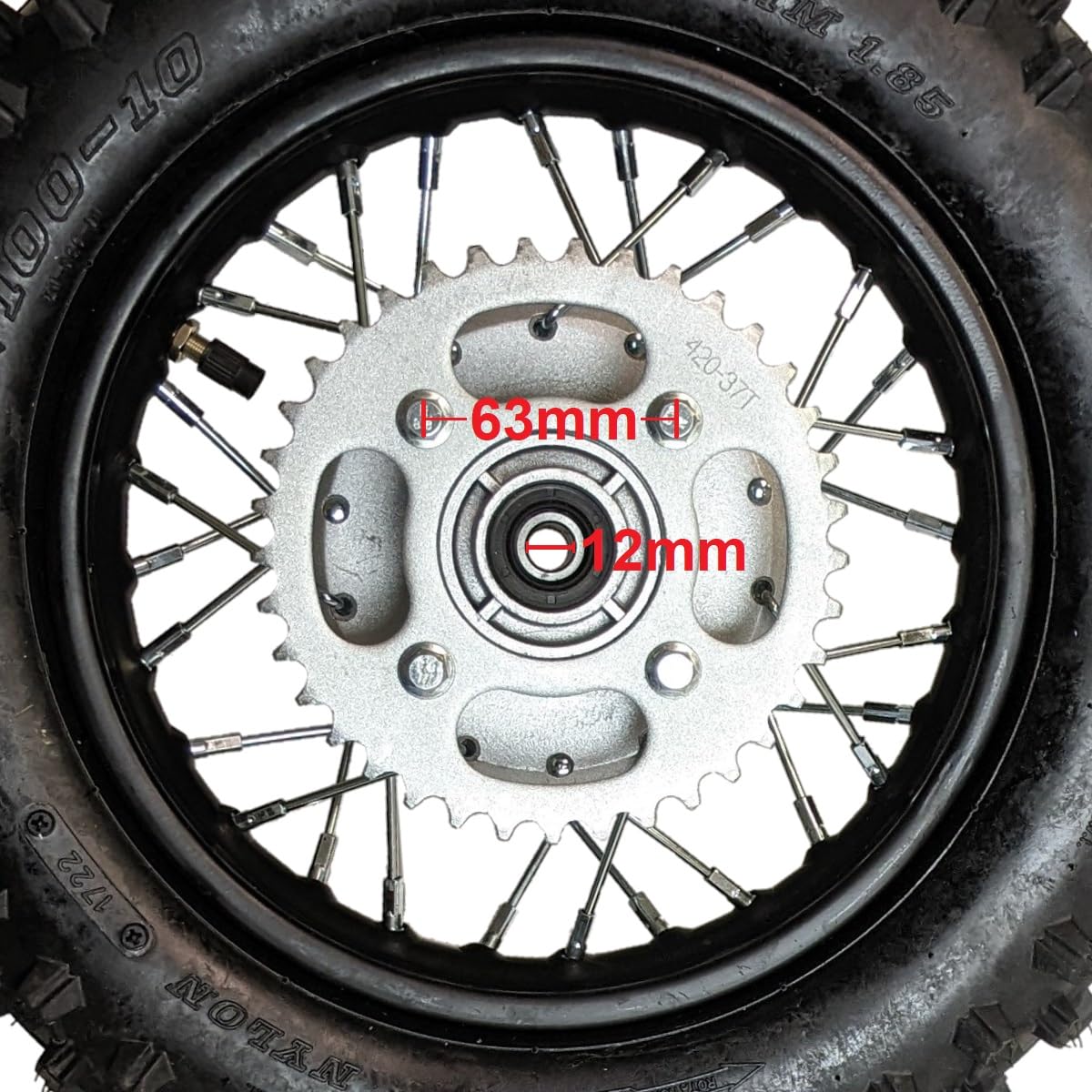 RedCap 10" Rear Wheel Rim Tire Assembly - 3.00-10, Black, Stainless Steel, 12mm Bearing for 50cc-110cc Dirt Pit Bikes