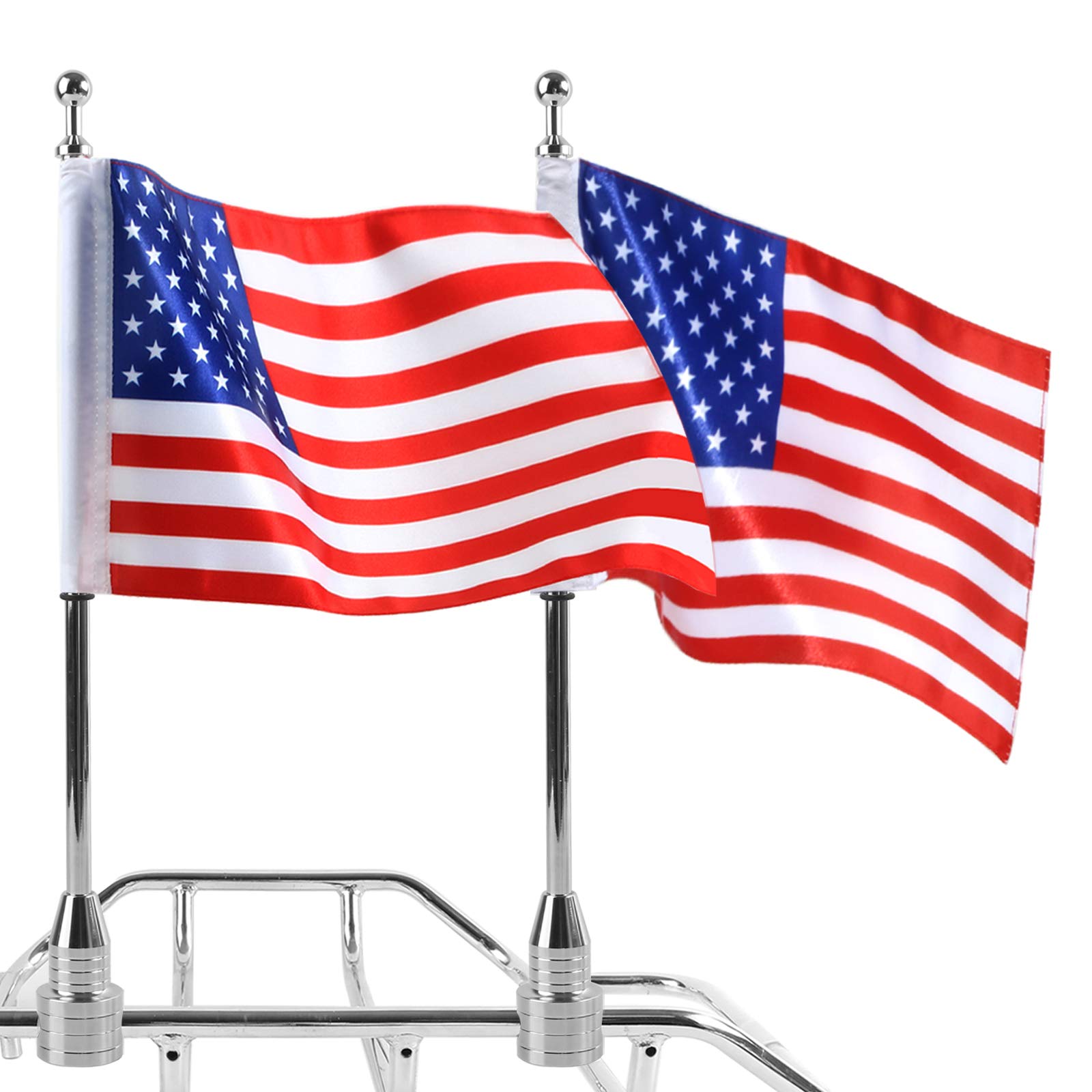 2x Motorcycle Flagpole Mount and American Flag - 6'' x 9'' Premium Double-Sided USA Flag - Stainless 14'' Flag Pole Fixed Mount 