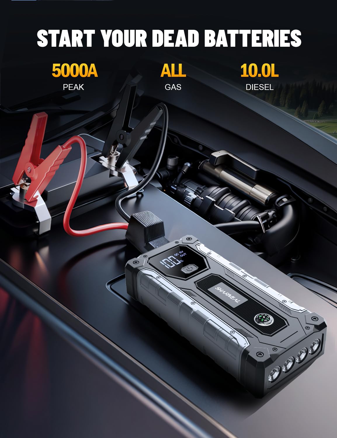 Sharmeal 6000A Car Battery Jump Starter, Portable 12V Jump Box with LED Light, Includes Charging Cable and Charger Block