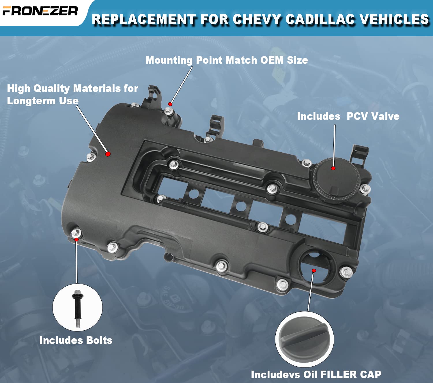 FRONEZER Engine Valve Cover with Gaskets, Bolts & Oil Filler Cap for 2011-2020 Chevy Cruze/Sonic/Trax/Volt, Model 55573746, Plastic