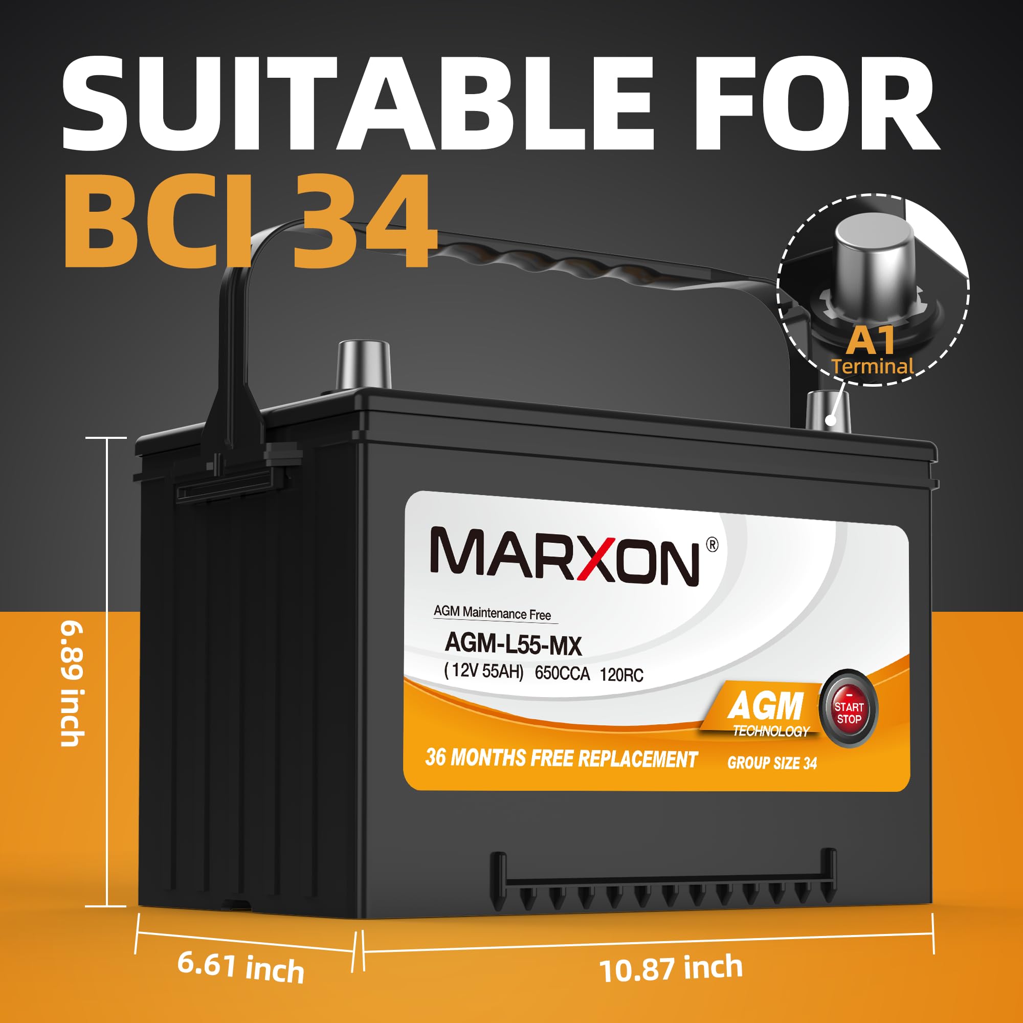 MARXON 34 AGM Car Battery 12V 55AH 650CCA Maintenance-Free Automotive Replacement