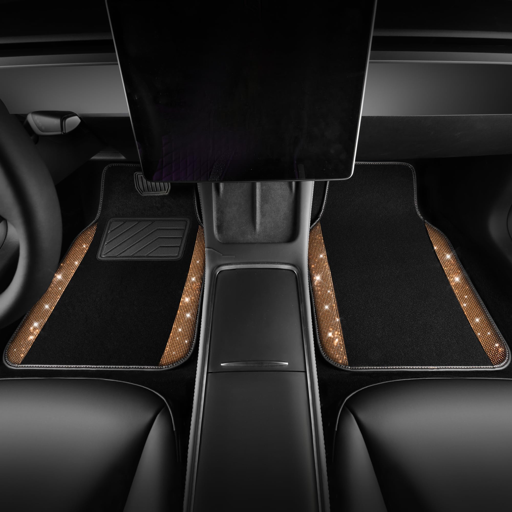 CAR PASS Bling Diamond Car Floor Mats, Golden Rhinestone Waterproof PVC, Universal Fit for SUV, Sedan, Van, 4pcs