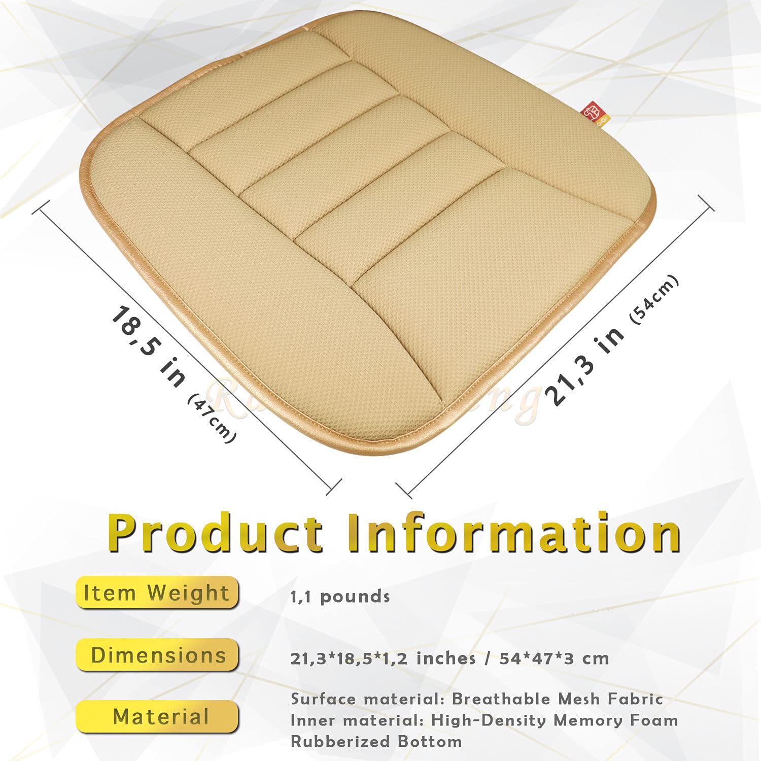 RaoRanDang Car Seat Cushion Pad with Memory Foam for Driver & Office Chair - Khaki