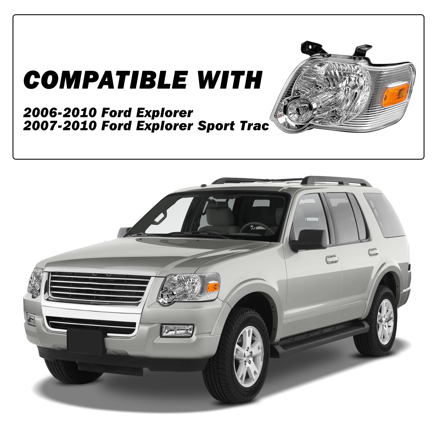 SOCKIR Headlight Assembly for 2006-2010 Ford Explorer - OE Style, Chrome Housing with Amber Reflector, Driver & Passenger Side, w/o Bulbs