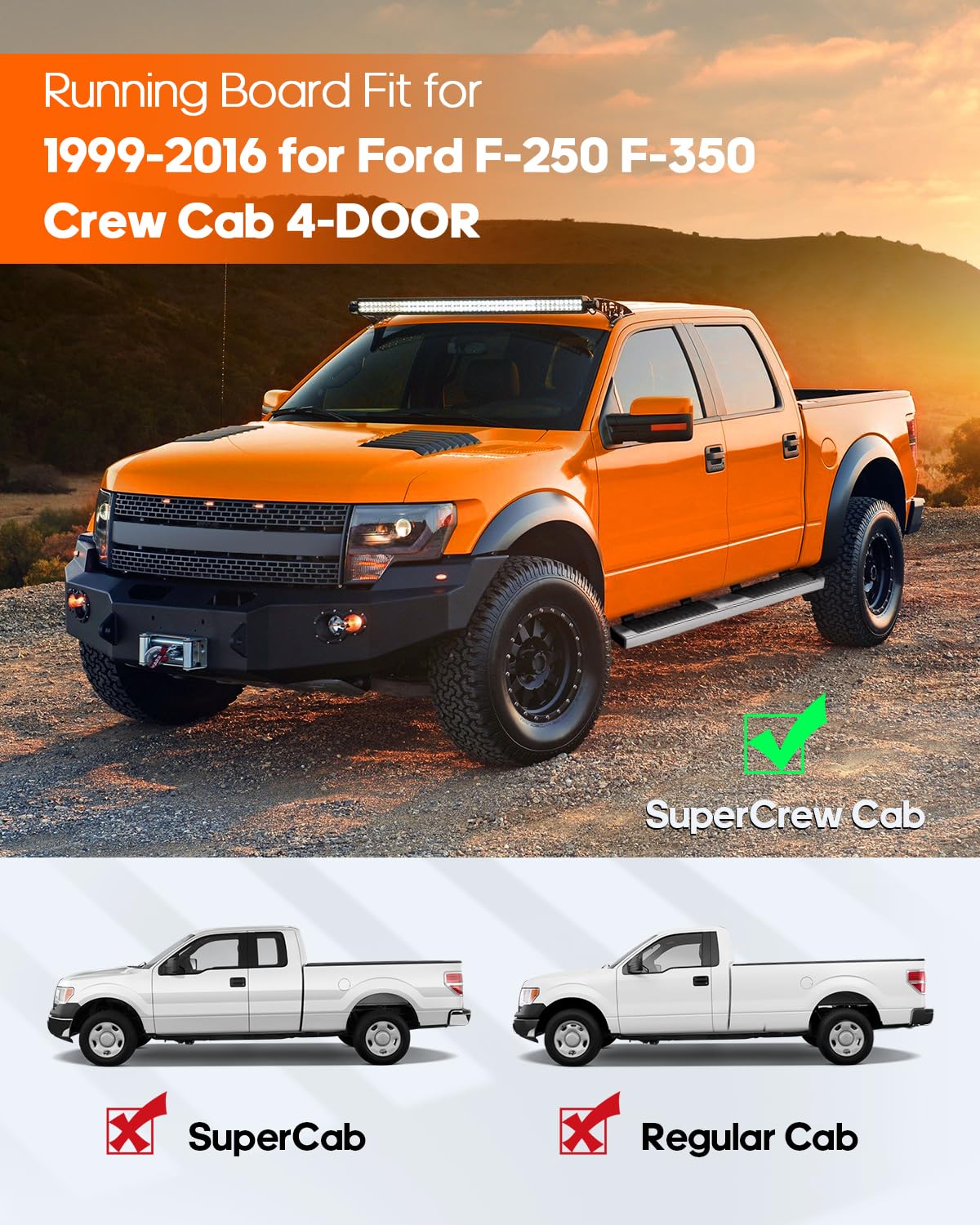 Ocpty 6 Inches Running Boards Compatible With 1999-2016 For Ford F-250 F-350 Crew Cab, Side Steps Nerf Bars Stainless Steel Silver