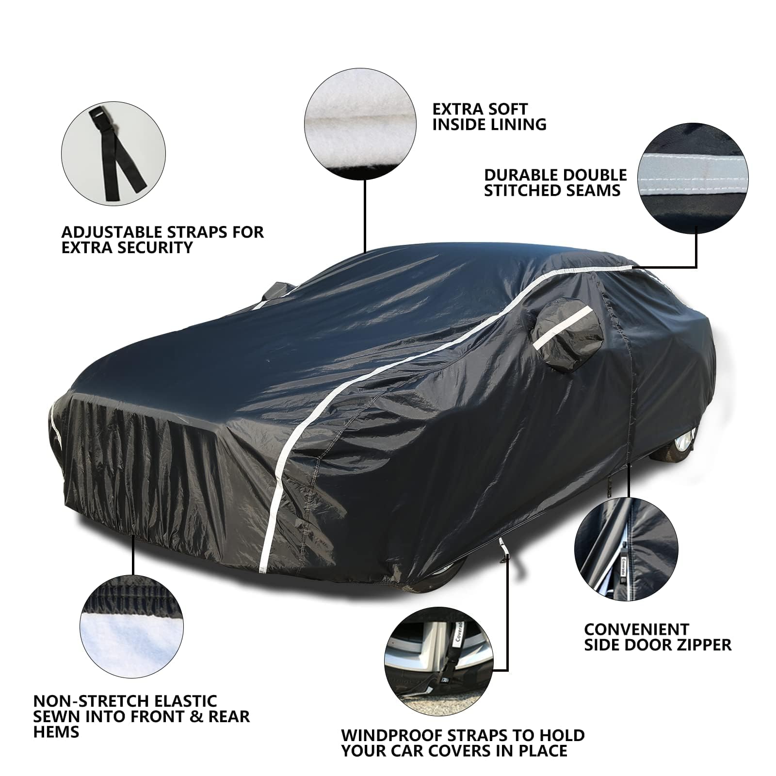 Tecoom Waterproof Car Cover for Sedan 191"-200", UV Protection, Windproof, Black with Cotton Backing, Model 190T BLACK-3XXL