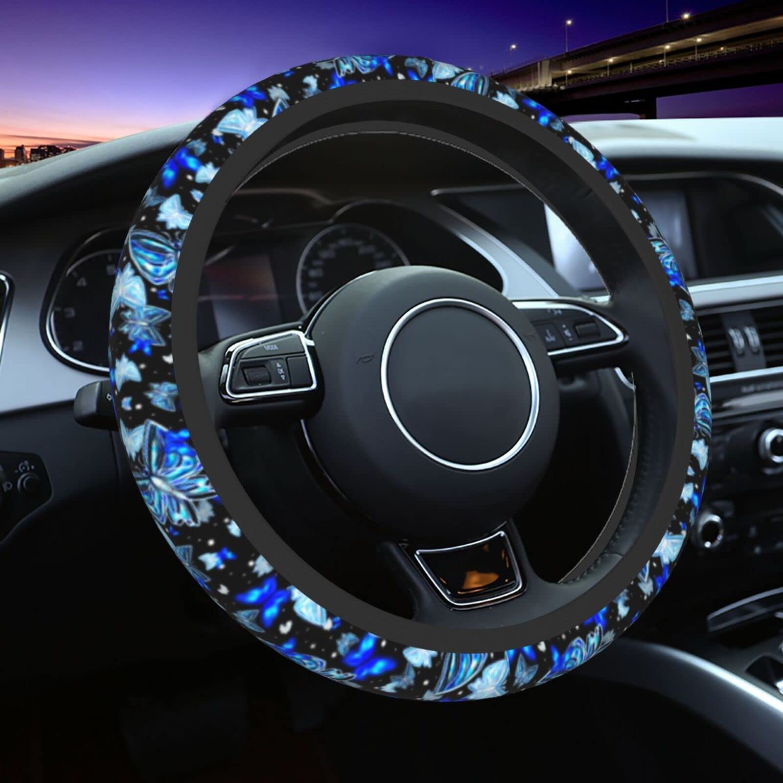 Blue Butterfly Steering Wheel Cover Universal 14.5-15 Inch Car Wheel Protector Anti-Slip Car Steering Wheel Accessories For Women Girls