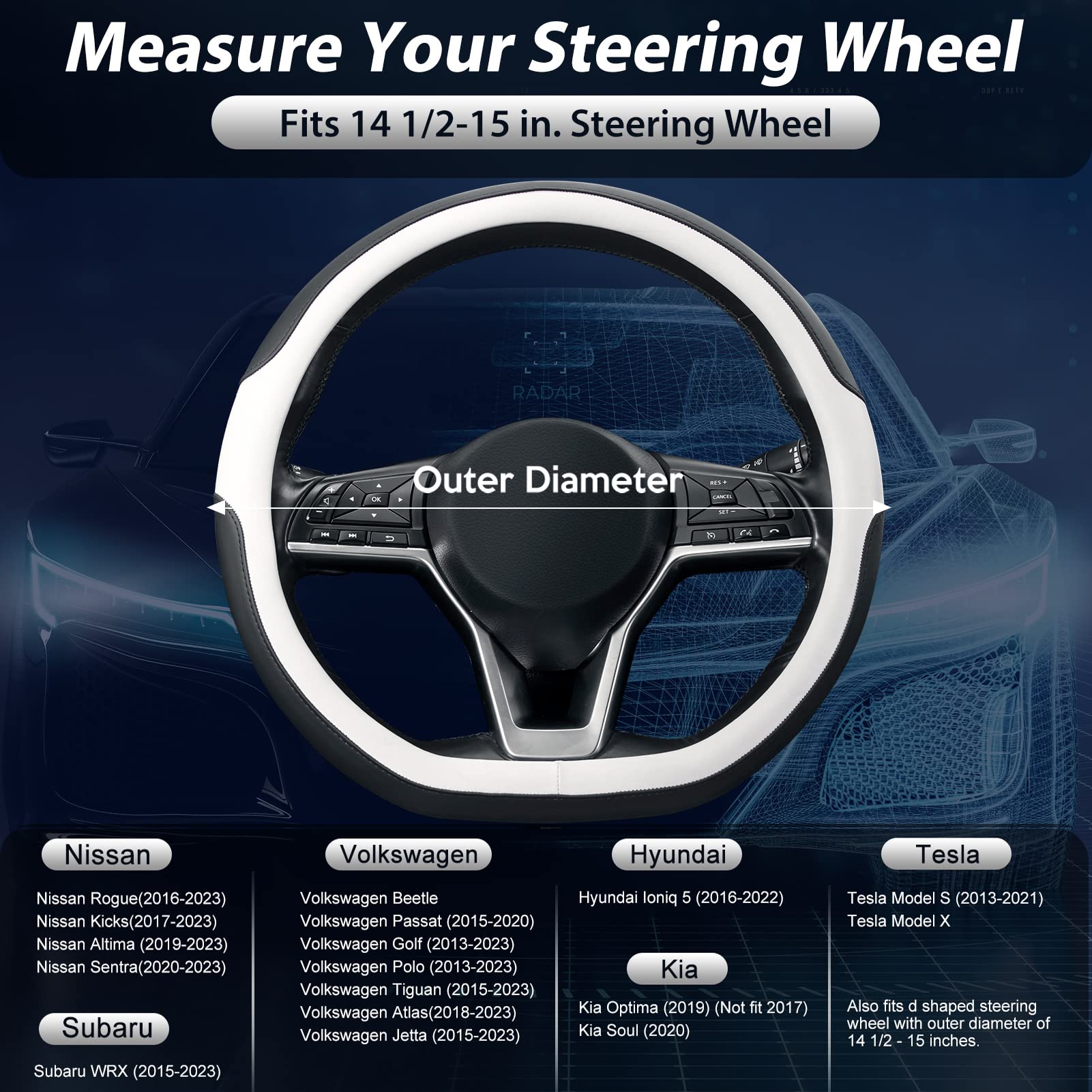 SEG Direct D Shaped Flat Bottom Steering Wheel Cover, 14.5-15 in, Black White Microfiber Leather, Model AU15BONSWC3343