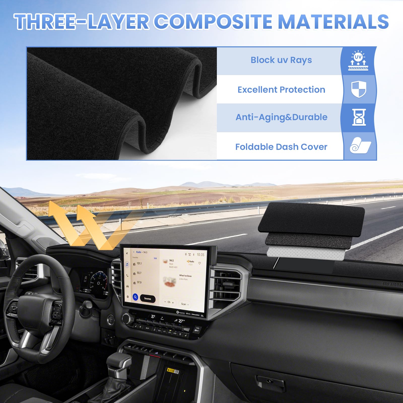 Sunsdrew Suede Dash Cover for 2022-2024 Toyota Tundra, Black, 22-25 Size, Nonslip Mesh Protector, Sun Shade