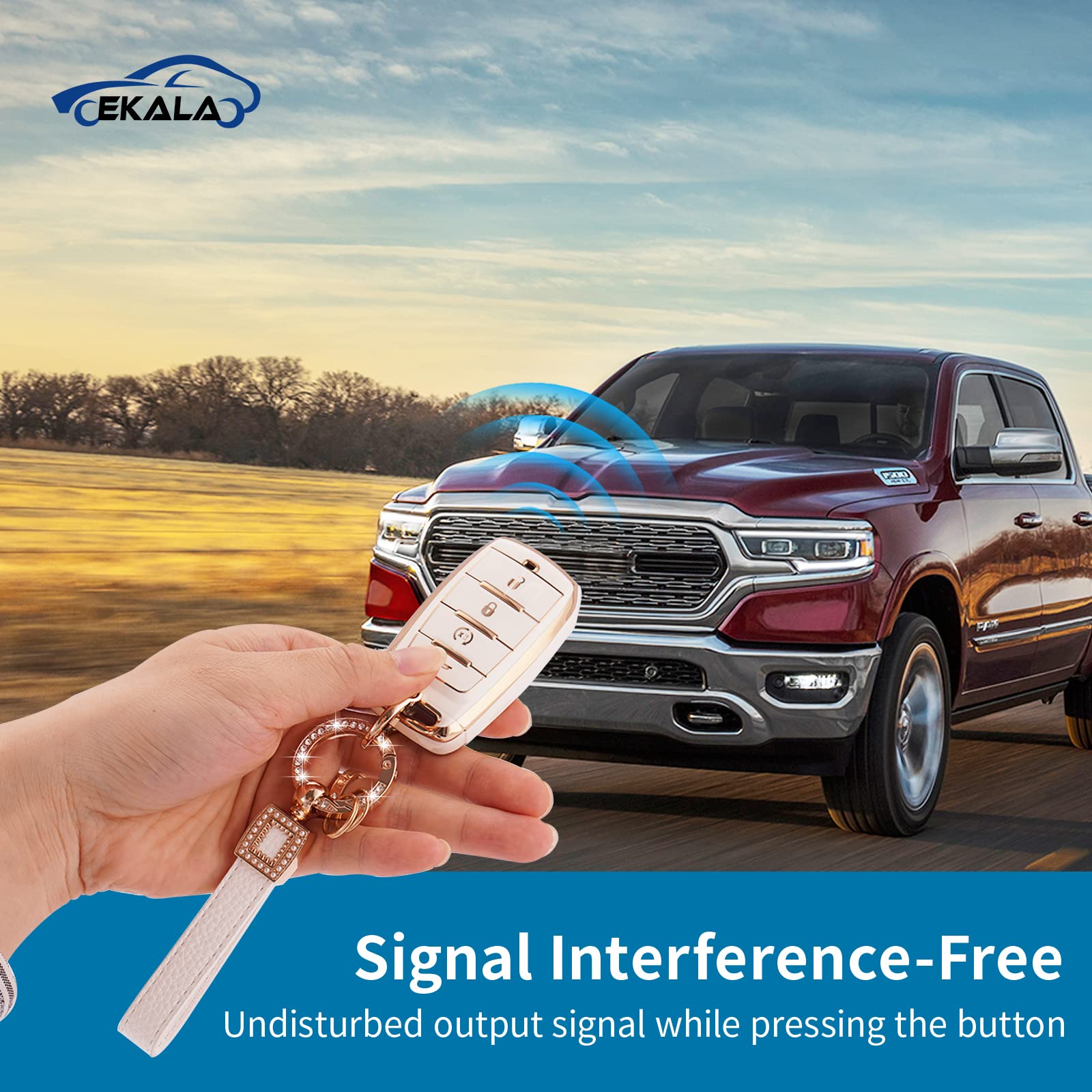 Ekala For Dodge Ram Key Fob Cover, 4 Buttons Soft Tpu Full Covers Protector Key Fob Holder With Leather Keychains Fit For 2019-2