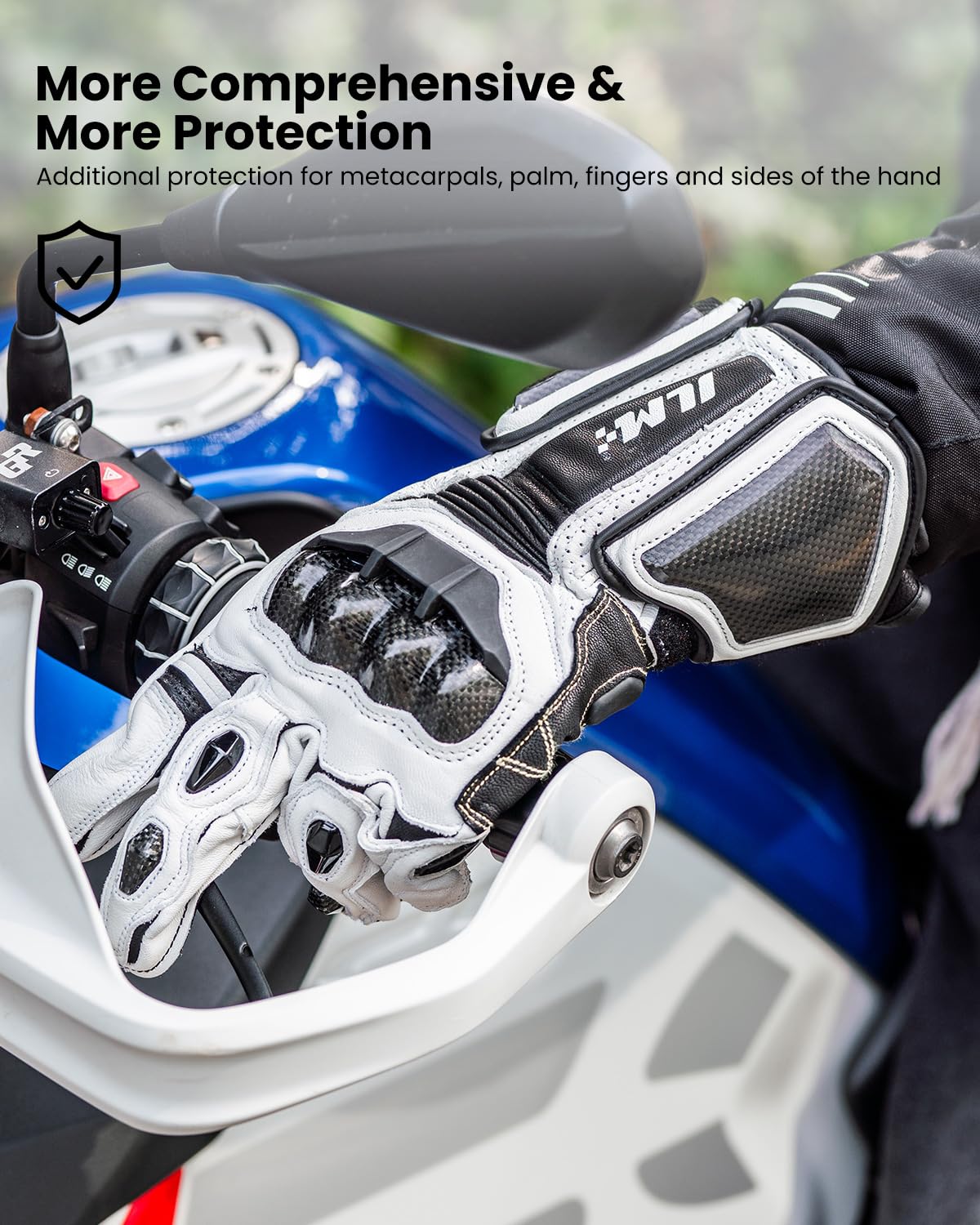 ILM Air Flow Leather Motorcycle Gloves - XXL, White-Long, Model GRC01L for Men & Women - Durable, Comfortable Riding Gear