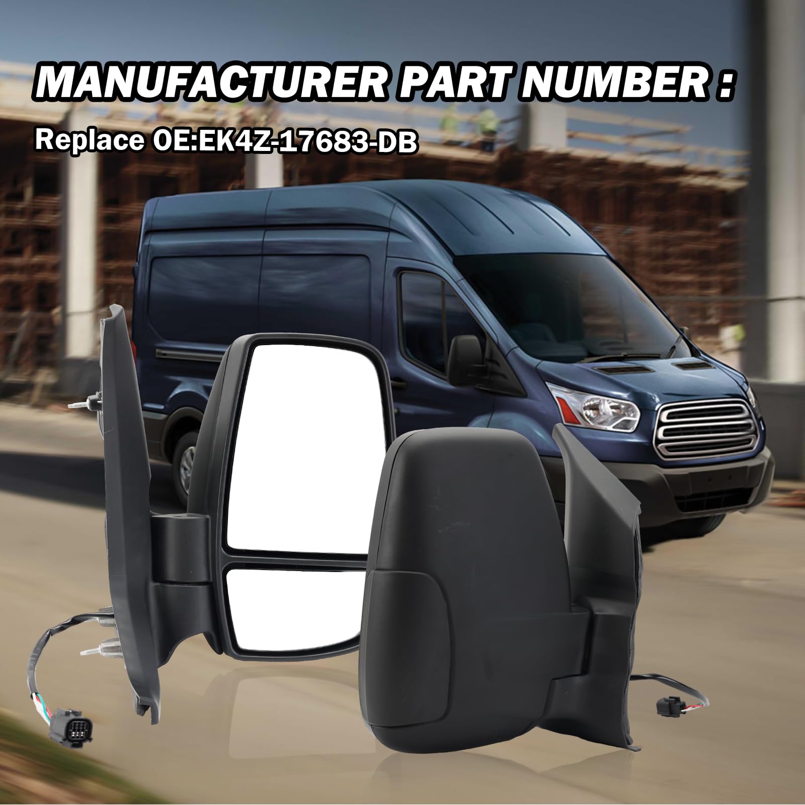 MOFOAP Passenger Side Mirror for 2015-2025 Ford Transit 150/250/350, Power Glass, Black, Short Arm, 3 Pins Without Indicator