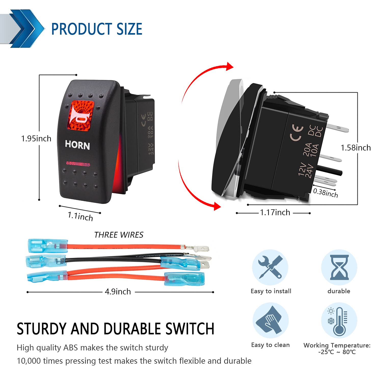 KEING Momentary Horn Button Rocker Switch - Waterproof, 12V/24V, 20Amp/10Amp, Red LED Light, 5 Pin for Automotive & Marine Use