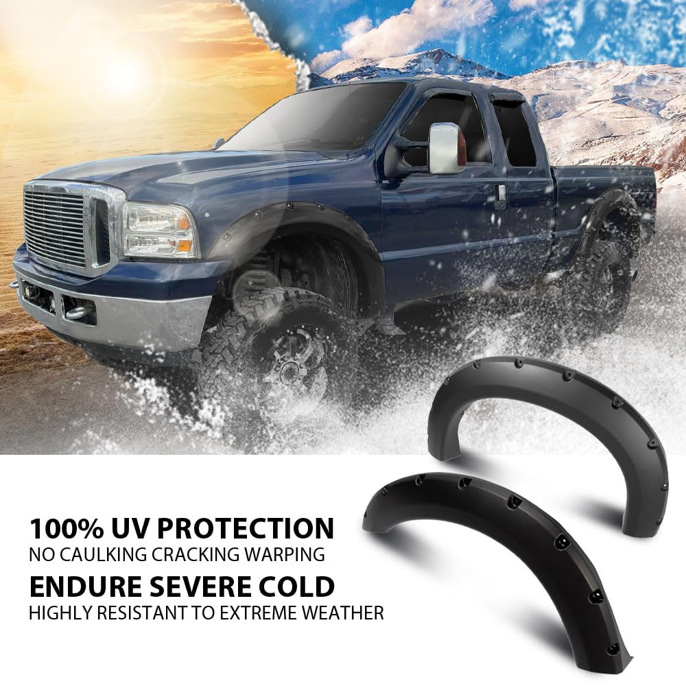 G-PLUS Fender Flares for 1999-2007 Ford F250 F350 Super Duty, Black Smooth Pocket Rivet Style, 4pcs (Non-Dually Models)