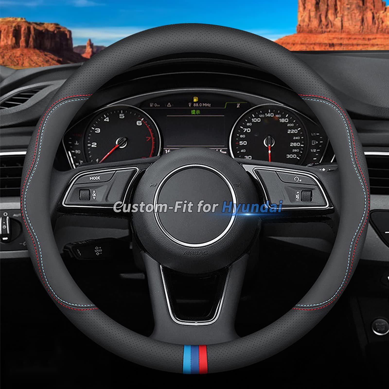 Custom-Fit For Hyundai Steering Wheel Cover, Premium Leather Car Steering Wheel Cover With Logo, Non-Slip, Breathable, For Hyund