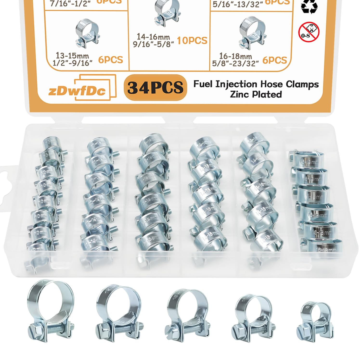 zDwfDc 34PCS 8-18mm 5 Sizes Fuel Injection Line Hose Clamps Assortment Kit, 1/4 5/16 3/8 Fuel Line Hose Clamp for Automotive Die