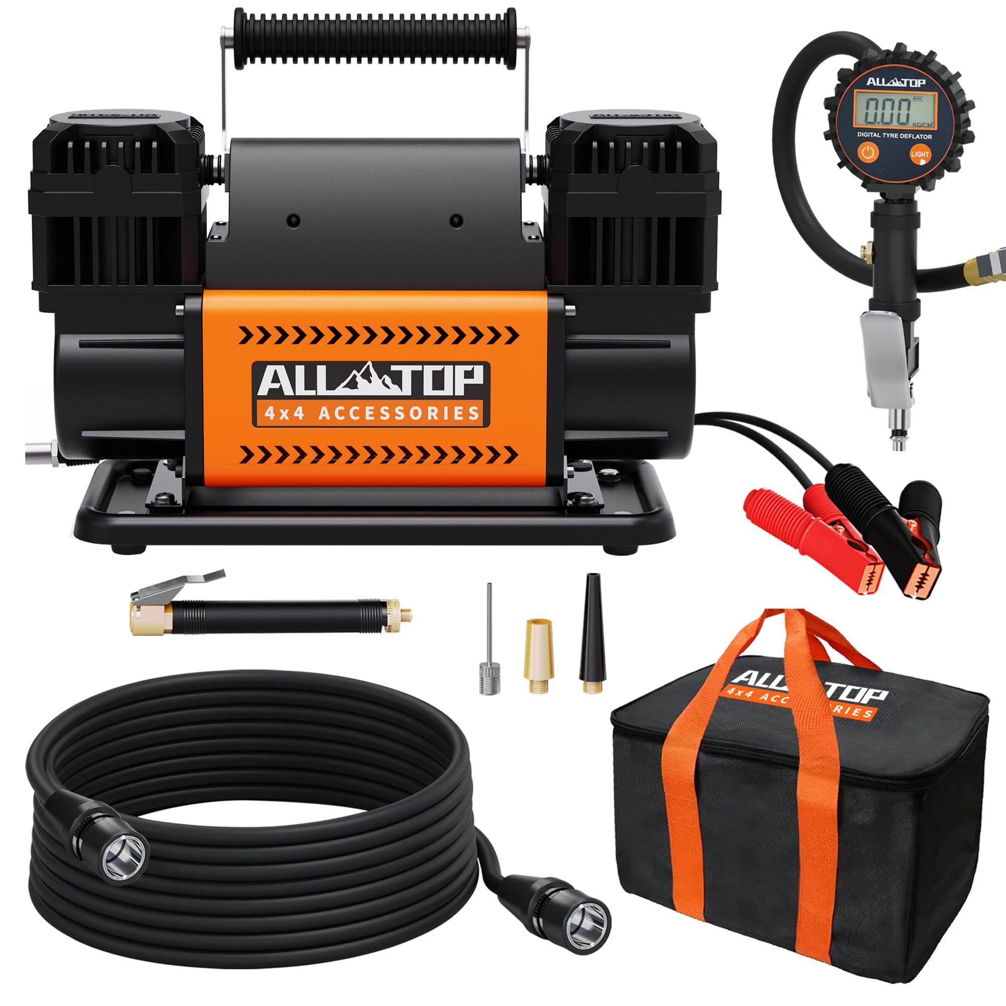ALL-TOP Dual Cylinder Air Compressor - 12V Tire Inflator Kit, 350 L/Min, Digital Pressure Gauge, Max 150 PSI for Trucks & RVs