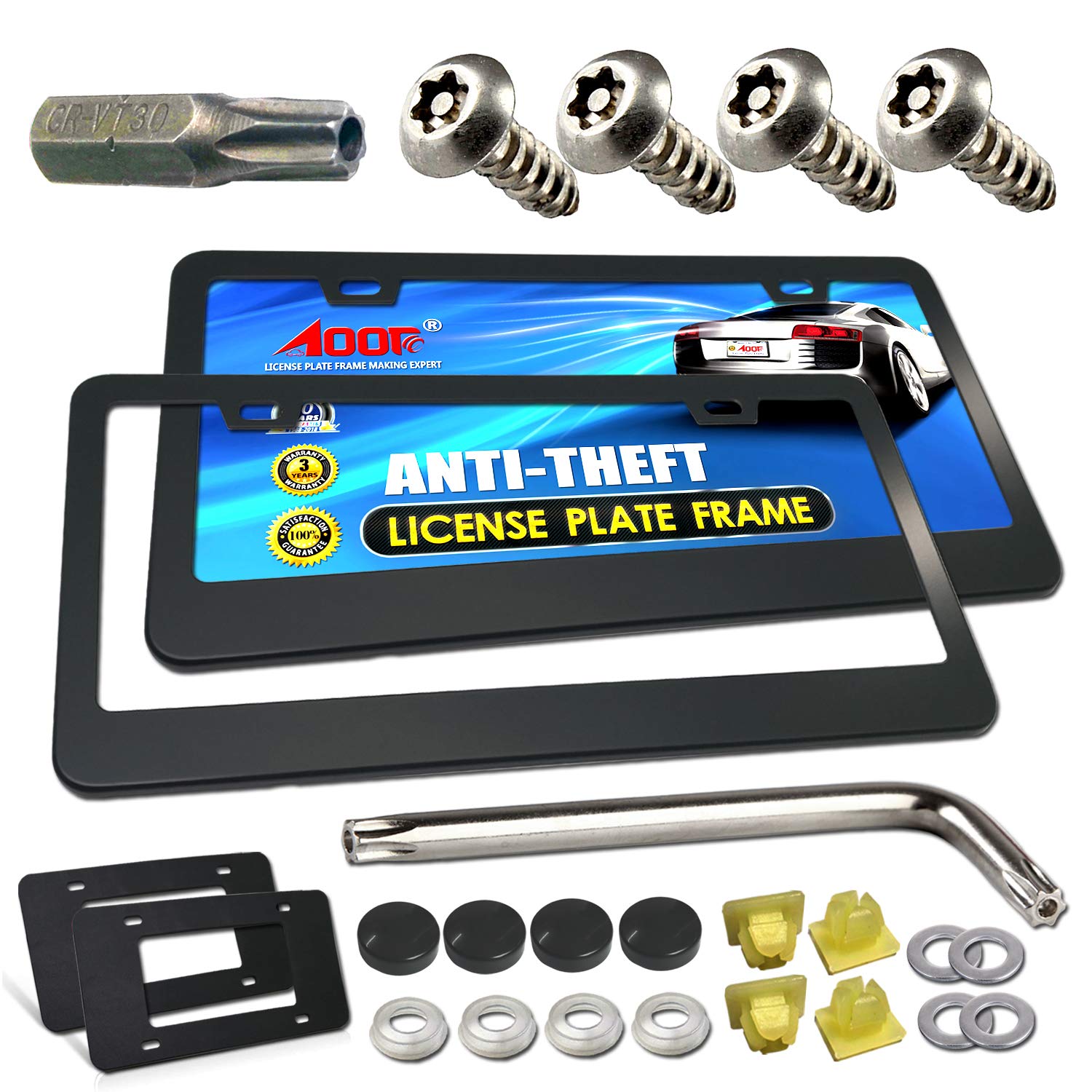 AOOTF Anti Theft License Plate Frame - Heavy Duty Black Aluminum, 2 Pack with Stainless Steel Lock Security Screws, Universal Fit