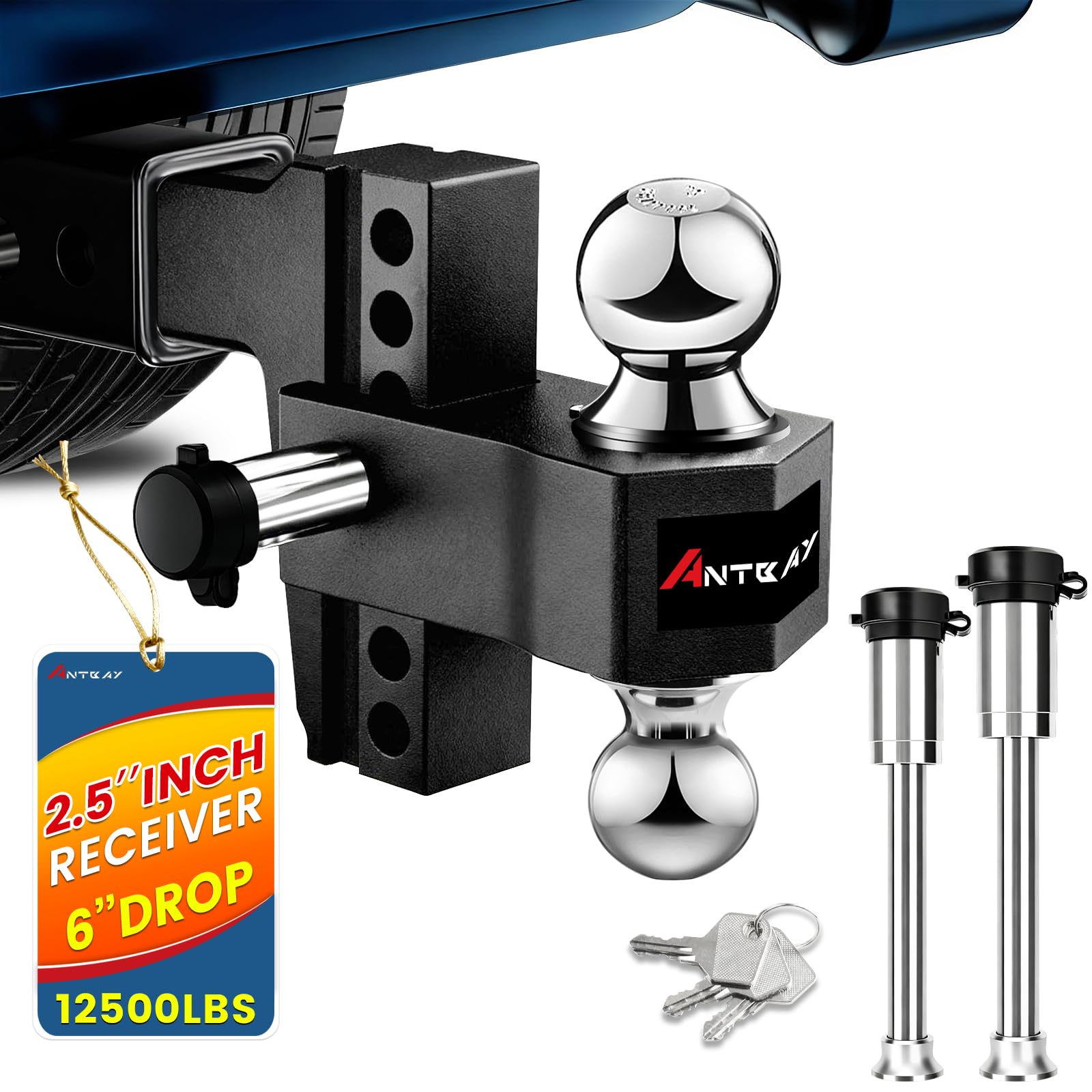 Adjustable Trailer Truck Drop Hitch Fits 2.5 inch Receiver, 6-Inch Drop & Rise Dual Ball Mount (2 X 2-5/16) Heavy Duty Aluminum 