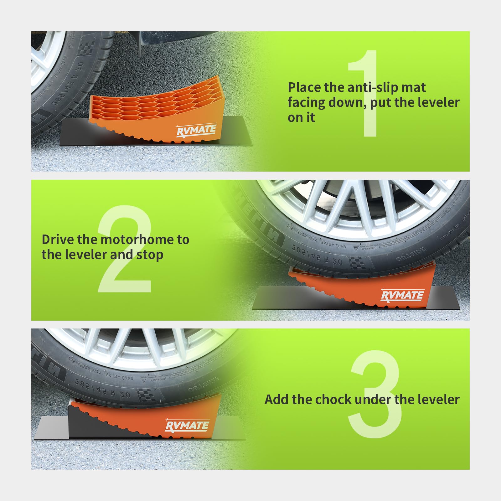 RVMATE Camper Levelers 8-Piece Kit - Includes Curved Levelers, Wheel Chocks, Level, and Grip Mats - Orange, Model RMLBK-O