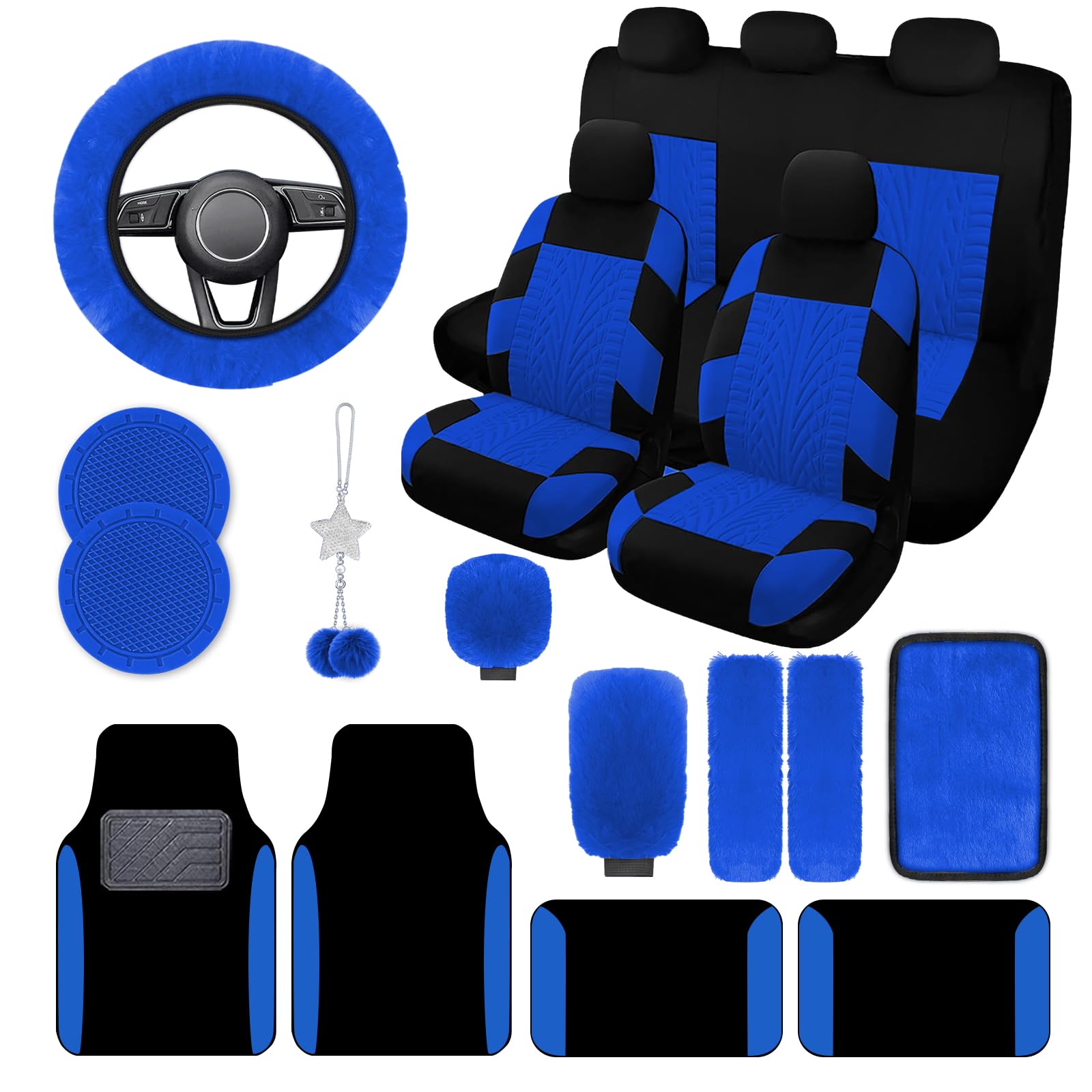 JINGSEN 21 Pcs Car Seat Covers Full Set for Women,Car Seat Covers for Car Floor Mats,3D Tyre Print with 5mm Composite Sponge Aut