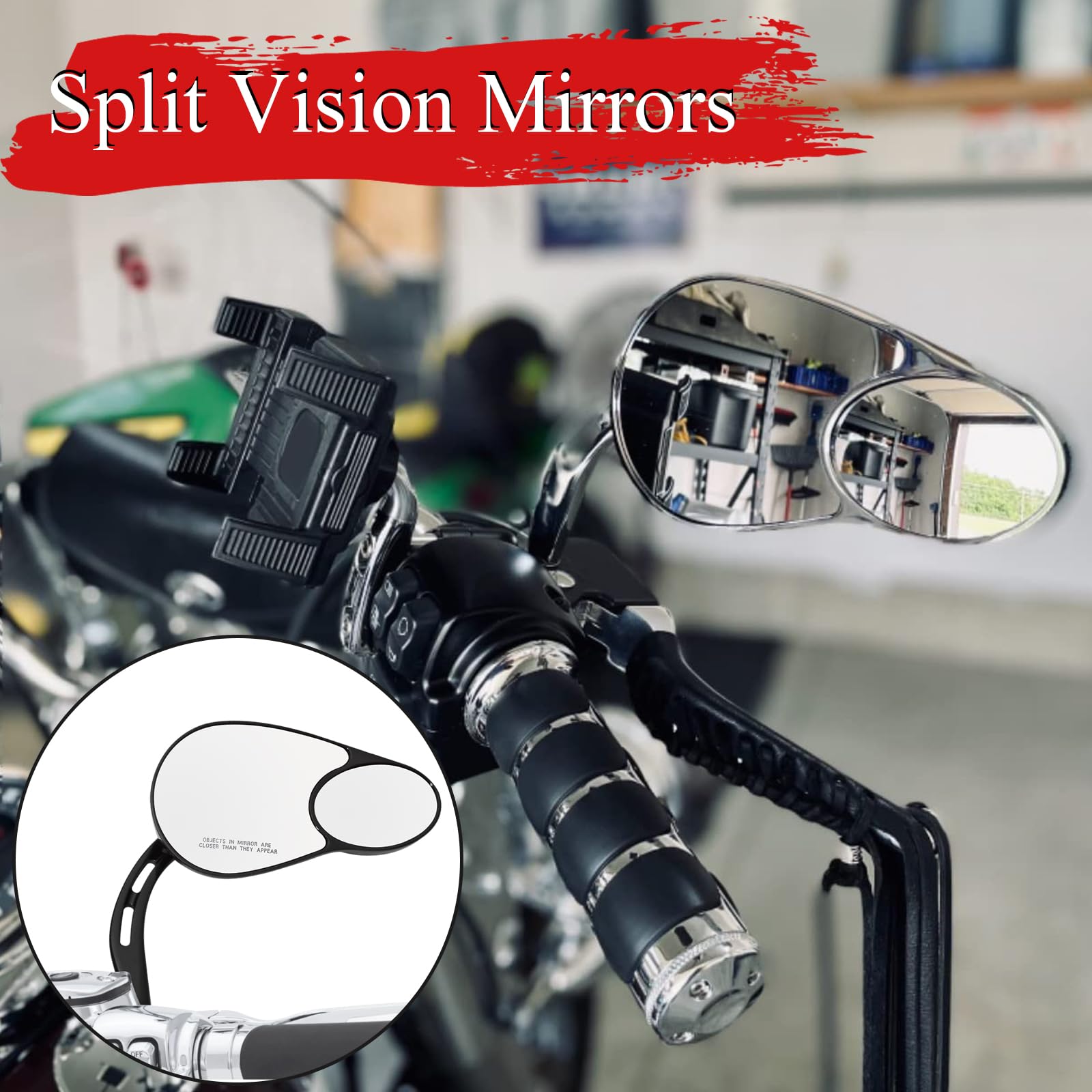 WOWTK Split Vision Rearview Mirrors for Harley 1982-2024, Black, Fits Most Models, Iron, Model TK-G-0099-B