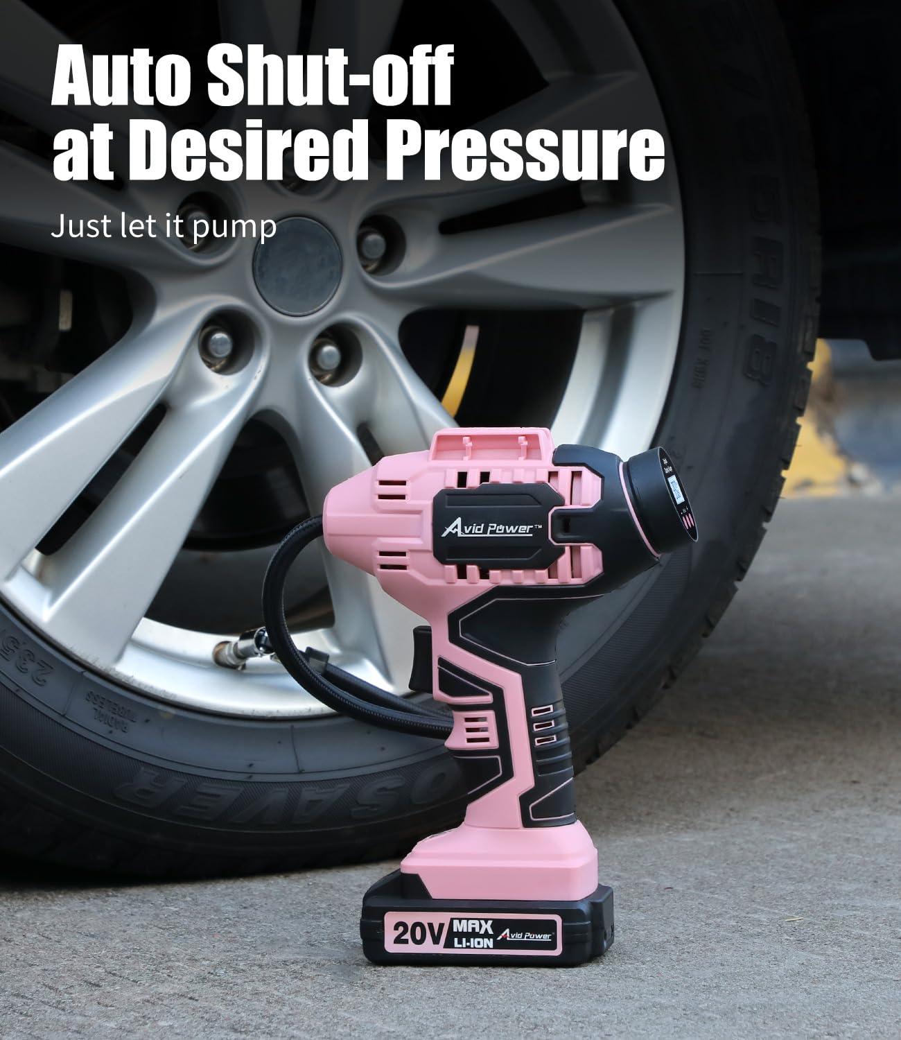 Avid Power 20V Cordless Tire Inflator Compressor with Rechargeable Battery, Digital Gauge, Portable, Pink, Model ACAP115D-P