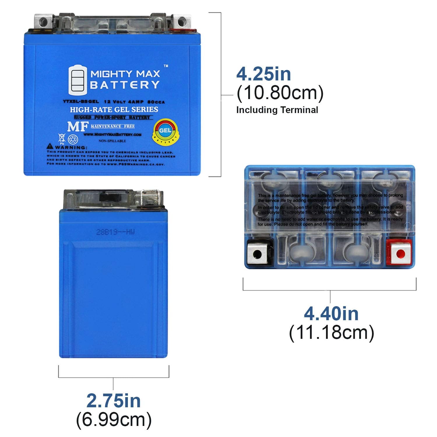 Mighty Max Battery Ytx5L-Bs Gel -12 Volt 4 Ah, Gel Type, 80 Cca, Rechargeable Maintenance Free Sla Agm Motorcycle Battery
