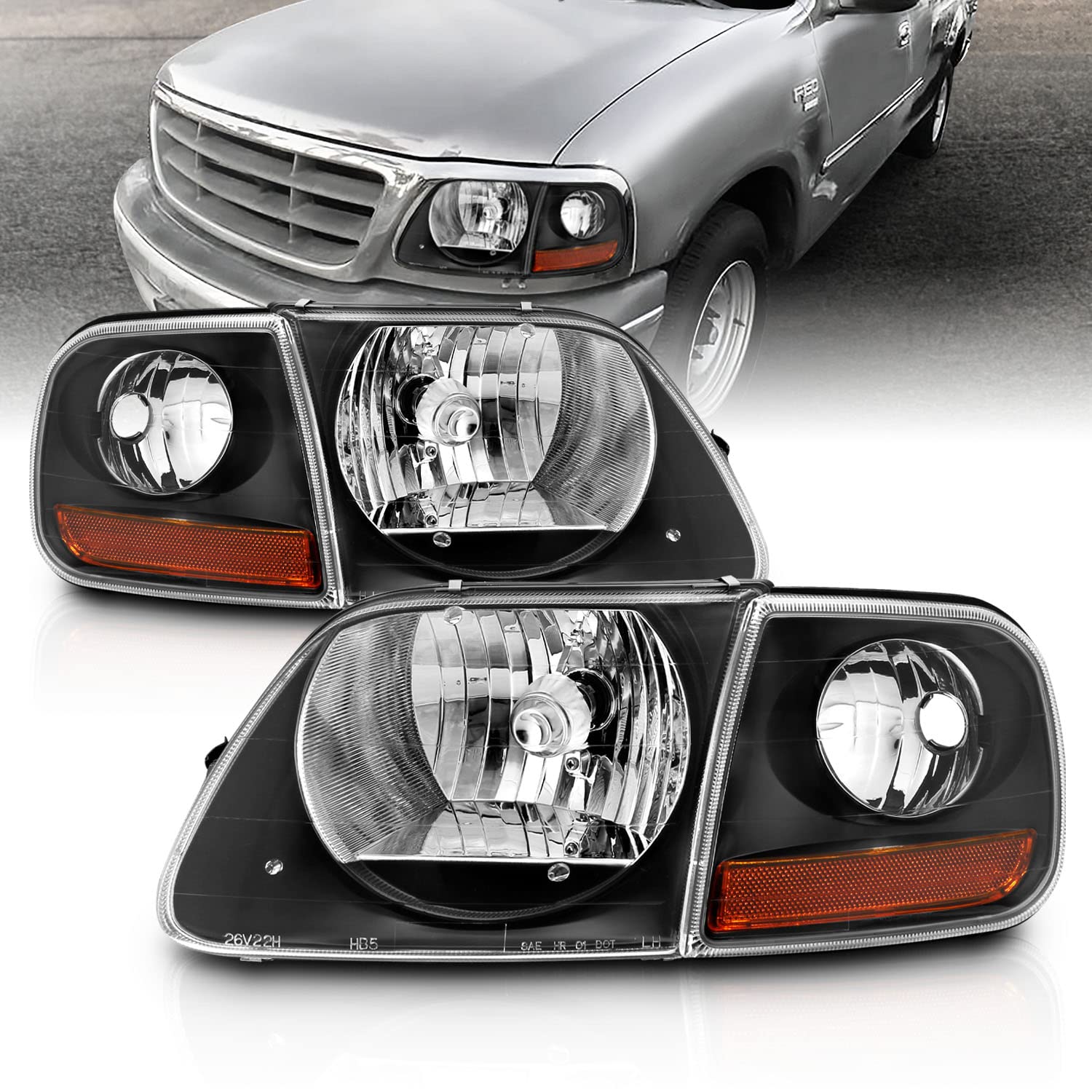 Amerilite For 1997-2003 Ford F150 F-150 Harley Lightning 4Pcs Halogen Headlights Corner Parking Lamp Assembly Set - Driver And P