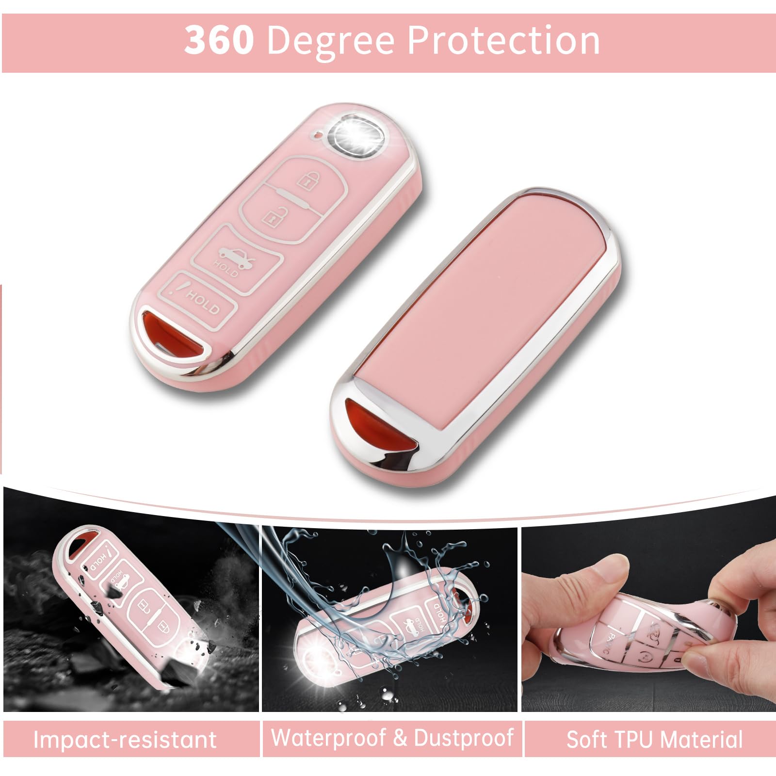 Pangpai Pink Mazda Key Fob Cover, Soft TPU Case with Bling Keychain Fit for 3, 6, Miata MX-5, CX-5, CX-9 Smart Remote
