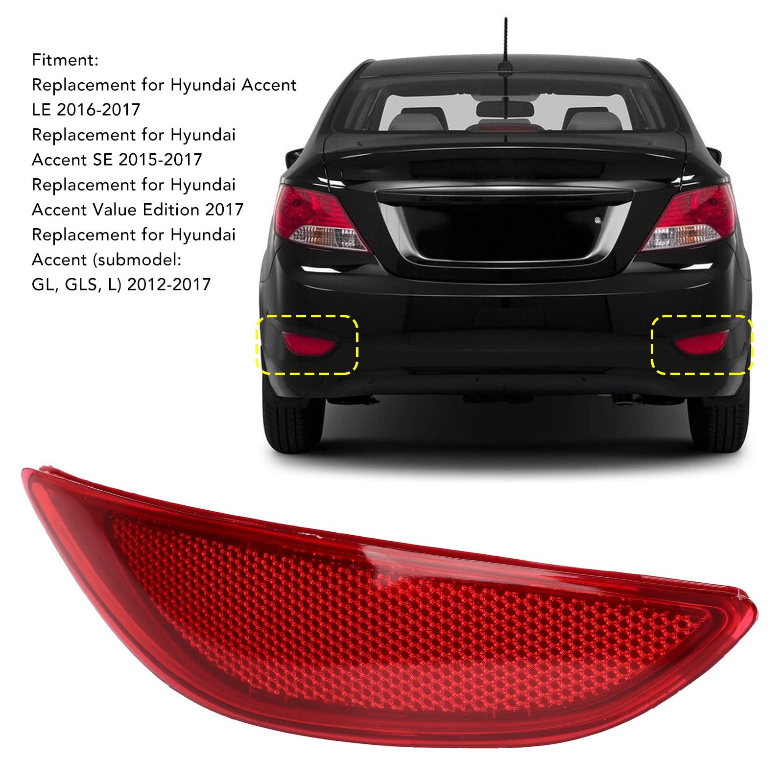 Rear Bumper Night Reflector Rear Bumper Reflector Red Warning Waterproof Shock Resistant Replacement for Hyundai Accent LE SE (L