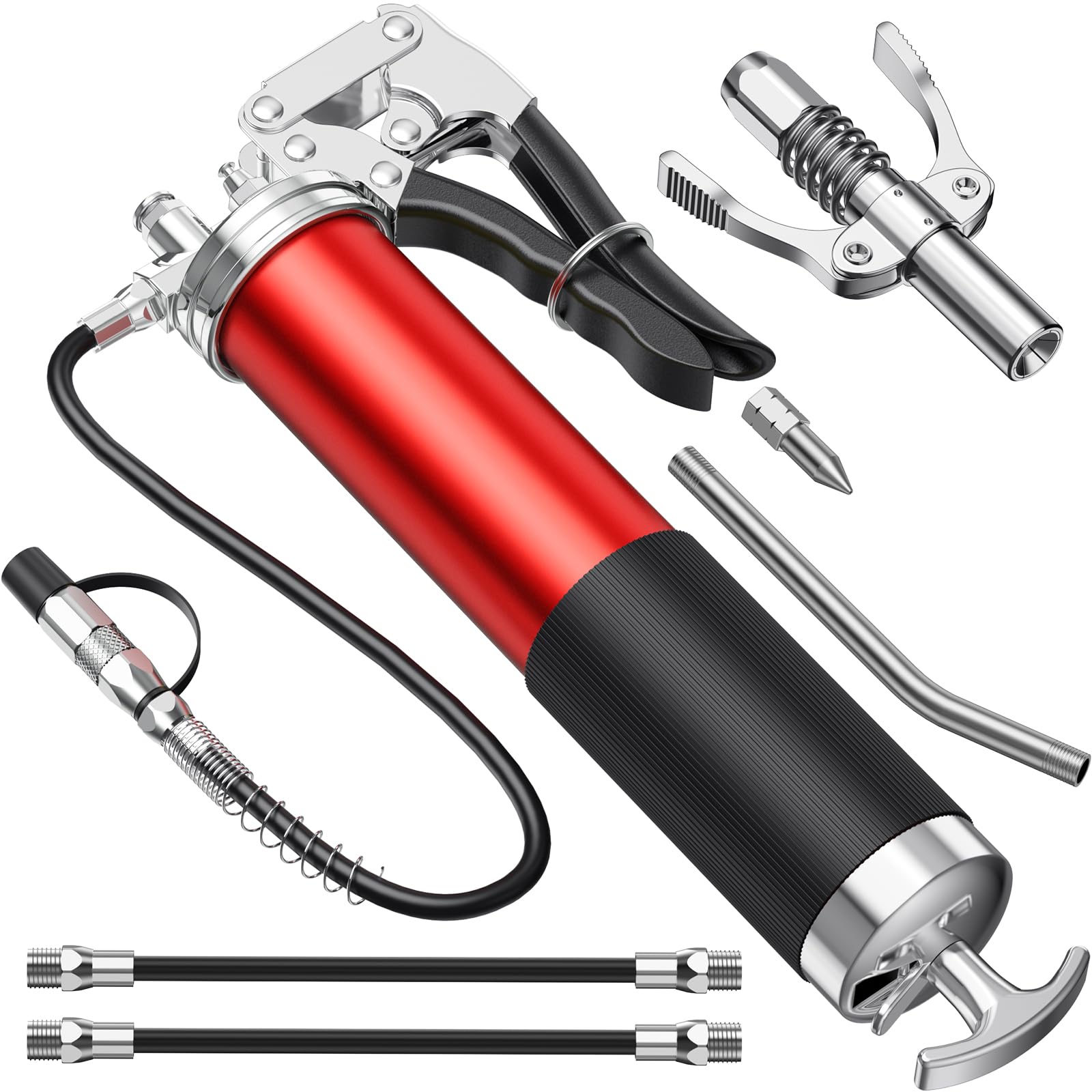 Fantictas Grease Gun Kit, 8000 Psi Heavy Duty Pistol Grip Grease Gun With Quick Locking Coupler, Spring Flex Hose, 14Oz Load, 2