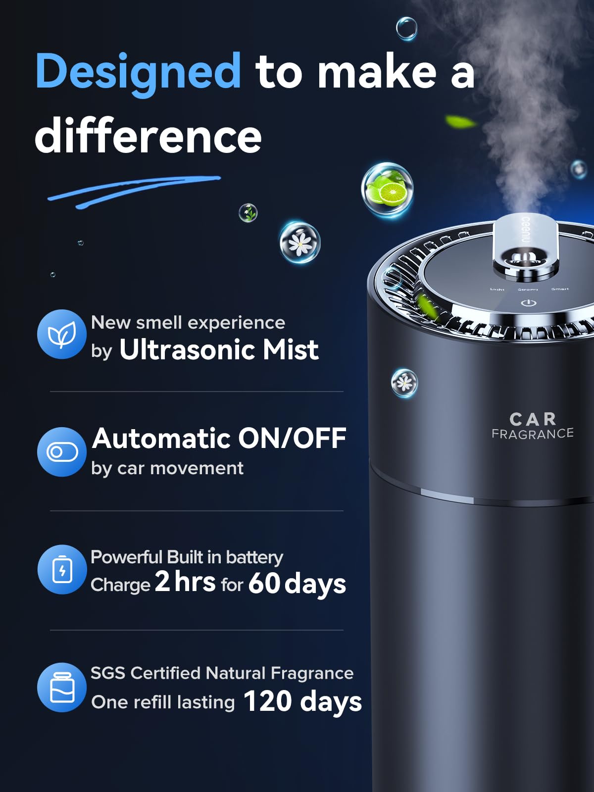 Ceeniu Smart Car Air Fresheners, New Smell Experience By Ultrasonic Mist, Auto On/Off, Powerful Built-In Battery, Natural Fragra